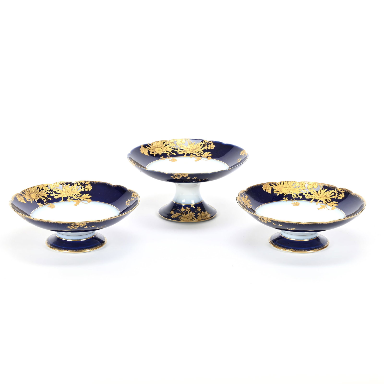 Compote Set Marked C.F. Haviland: Compote Set Marked C.F. Haviland, Circa 1870-1882, White With Cobalt Blue Border, Heavy Gold Enamel Floral Decor, (1) 4.75" x 9", (2) 3.25" x 9", Denver, Colorado Private Collection.
