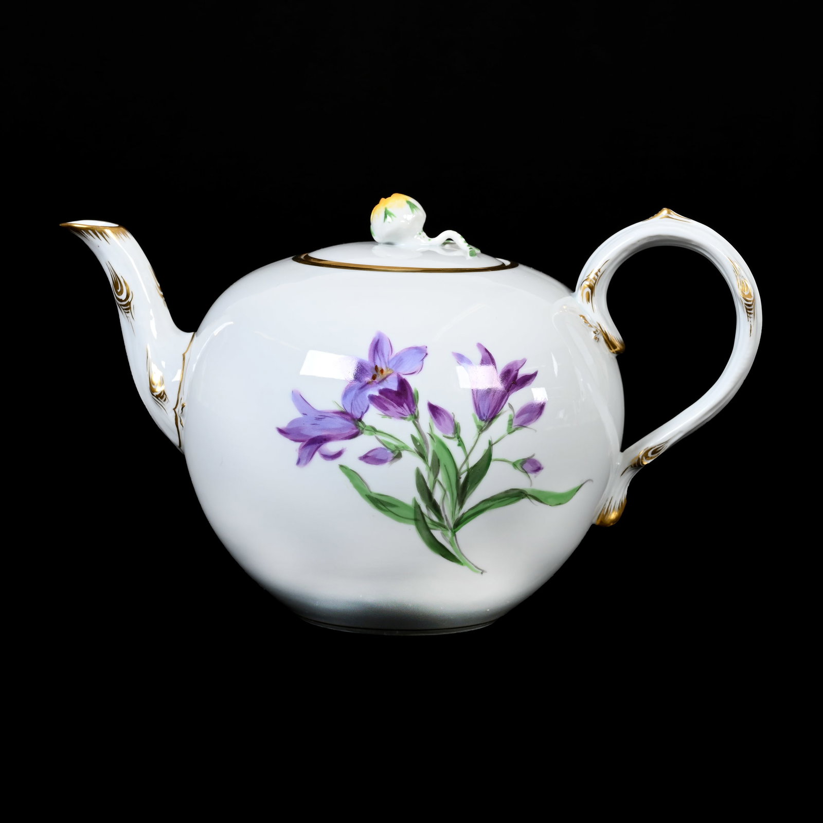 Tea Pot Marked Meissen Blue Crossed Swords: Tea Pot Marked Meissen Blue Crossed Swords, 5.75" x 9.25", White With Colorful Floral Decor, Gold Trim Highlights, Circa 1924-1934, Denver, Colorado Private Collection.