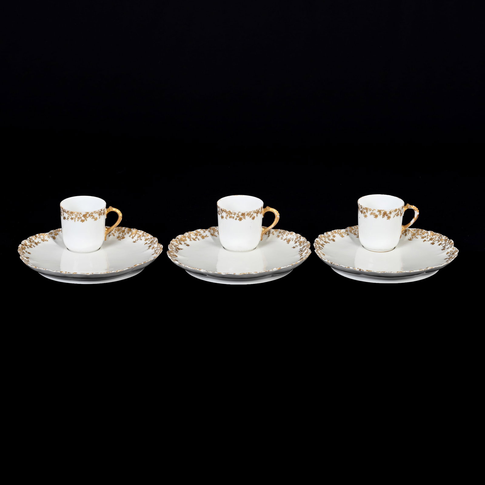 (3) Snack Sets Marked C.F. Haviland Limoges: (3) Snack Sets Marked C.F. Haviland Limoges, 2.75" x 7", Circa 1879-1882, White With Lacy Gold Leaf Decor, Denver, Colorado Private Collection.