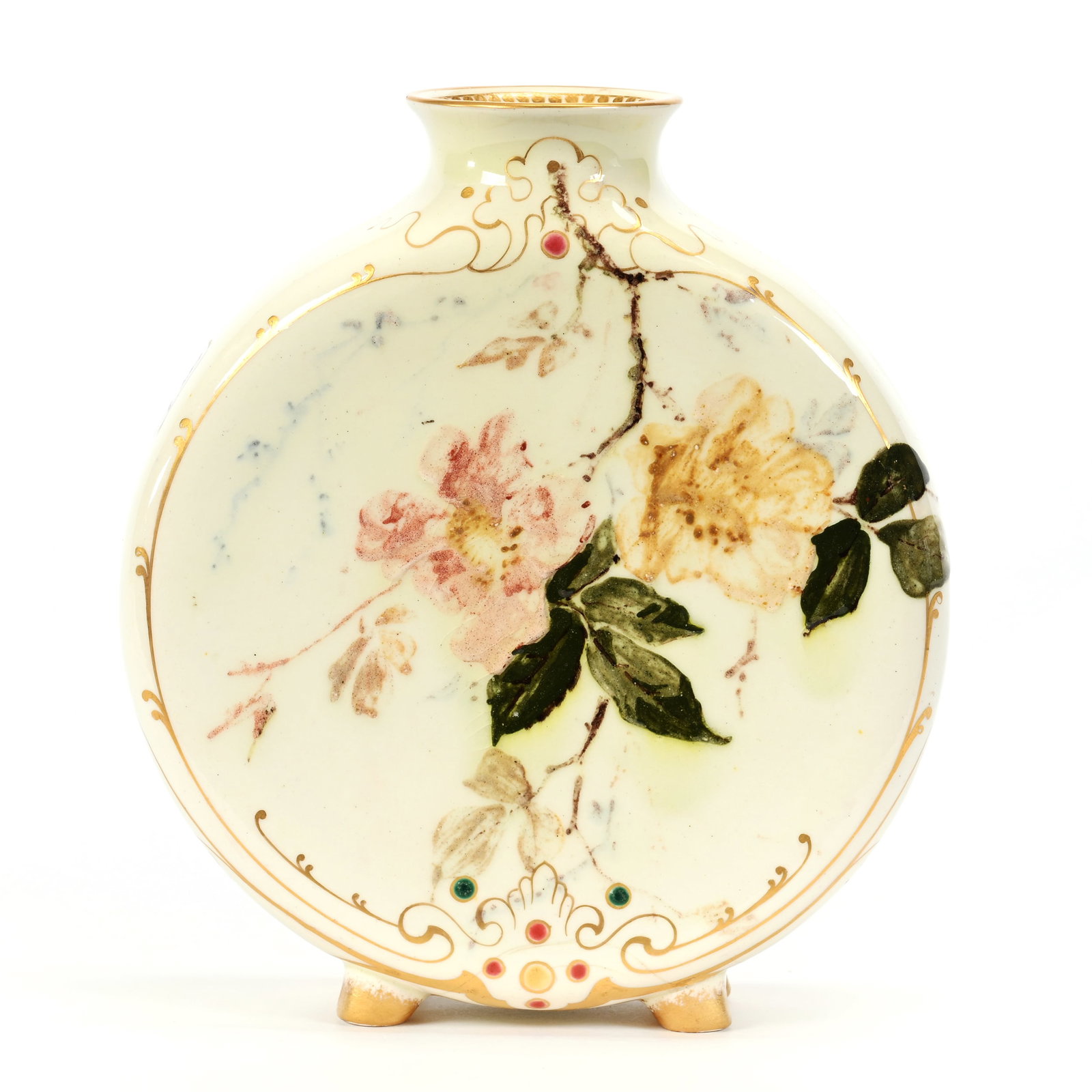 Vase, Terra Cotta, Marked Haviland Limoges: Vase, Terra Cotta, Marked Haviland Limoges, 6" x 5.5" x 2", White With Blossom And Branch Decor, Gold Stencil Highlights, Some Crazing In Base, No Artist Signature Visible, Crack In Base That Runs Up 
