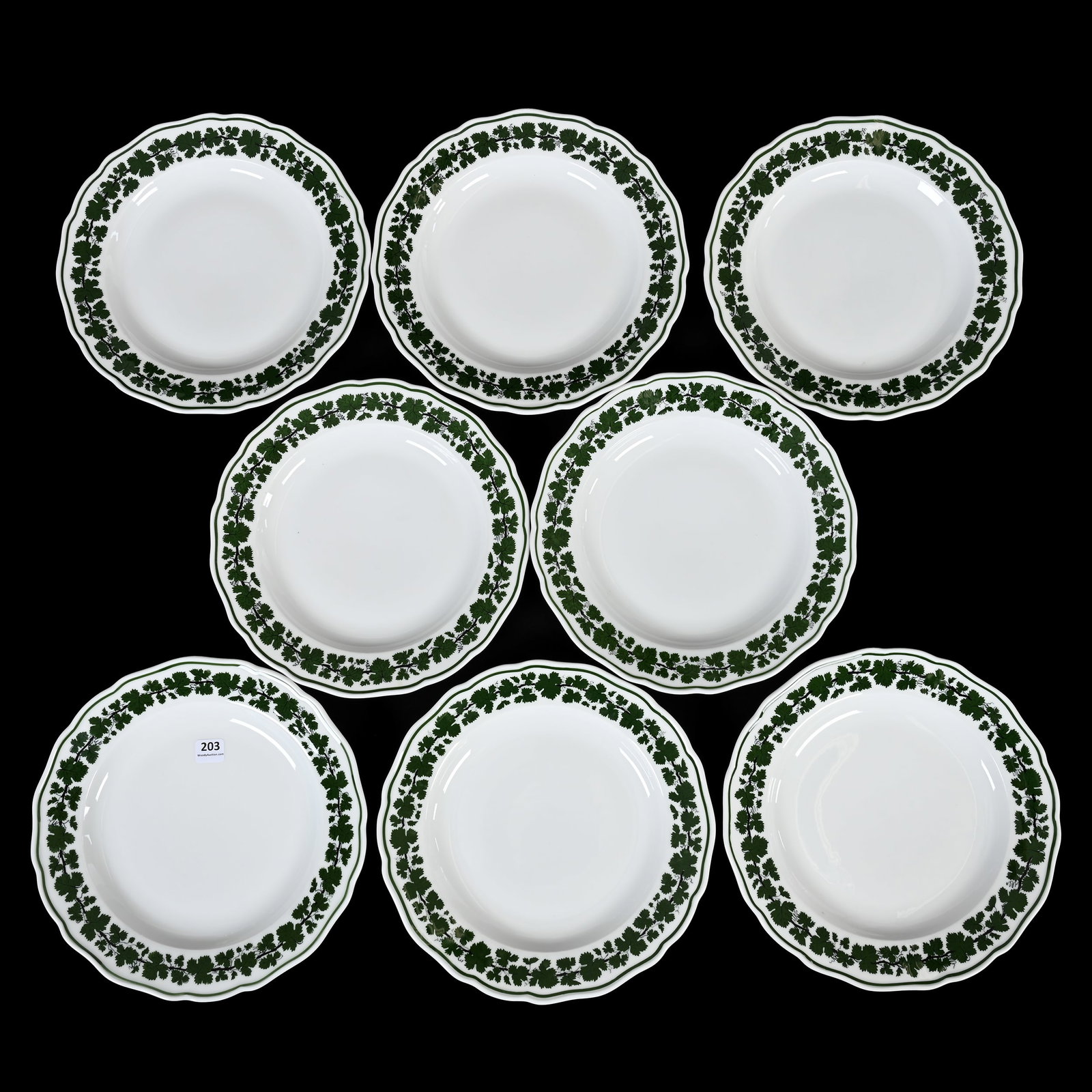 (8) Plates, Scalloped, Meissen Blue Crossed Swords: (8) Plates, Scalloped, Meissen Blue Crossed Swords, 9.75", Green Ivy Pattern, Circa 1930's, Denver, Colorado Private Collection.