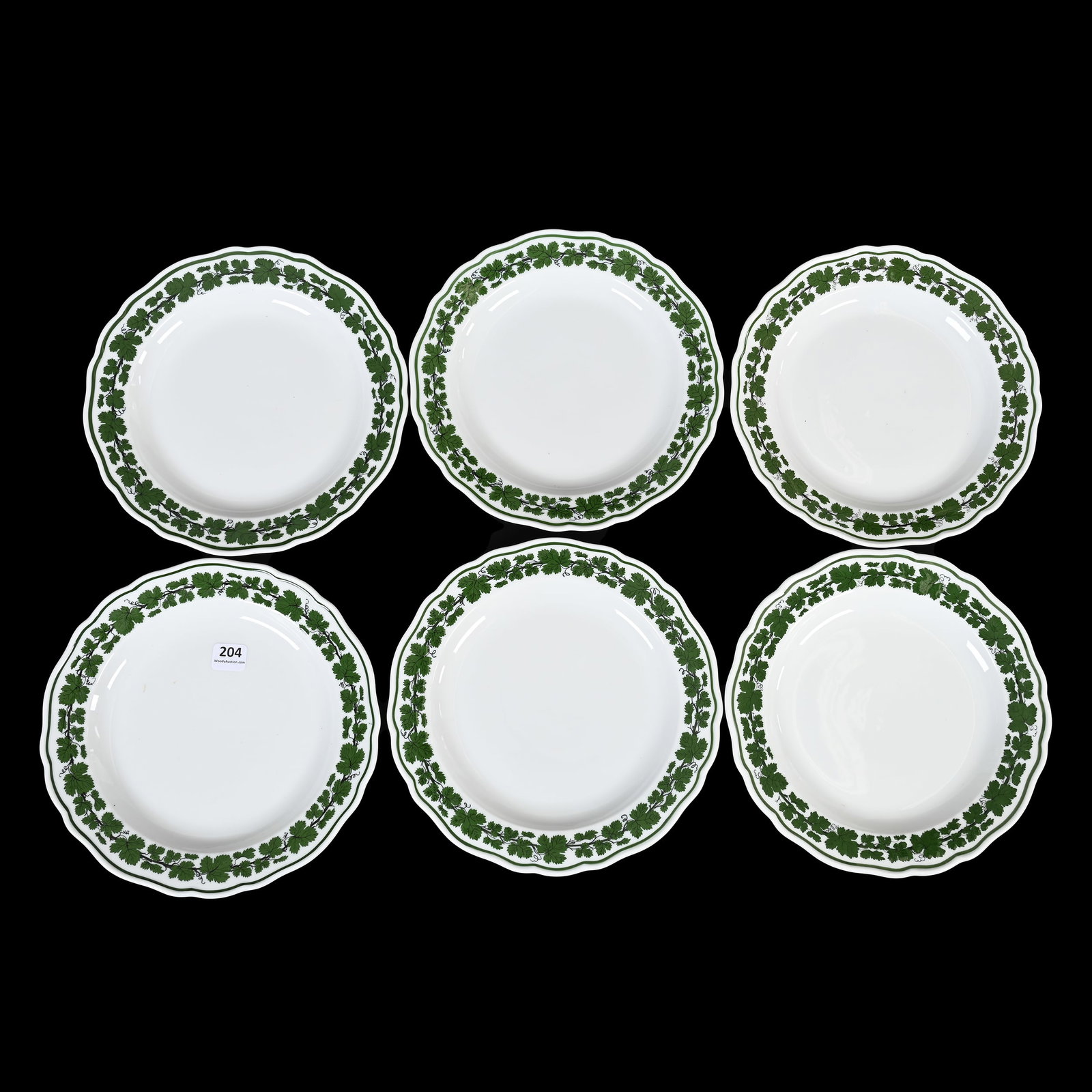 (6) Plates, Scalloped, Meissen Blue Crossed Swords: (6) Plates, Scalloped, Meissen Blue Crossed Swords, 8.5", Green Ivy Pattern, Circa 1930's, Two Slash Marks, Denver, Colorado Private Collection.