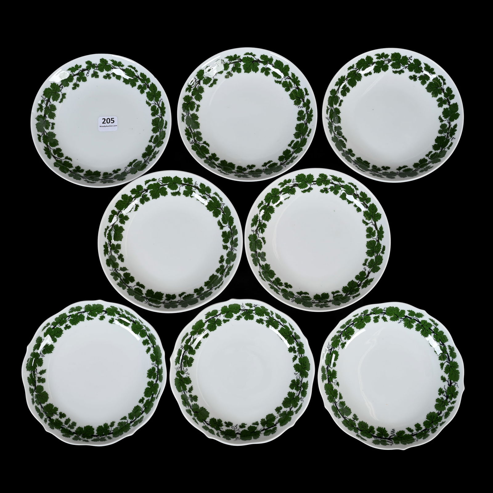(8) Berry Bowls, Meissen Blue Crossed Swords Mark: (8) Berry Bowls, Meissen Blue Crossed Swords Mark, 6.25" approximately, Green Ivy Pattern, Circa 1930's, (5) Are Round, (3) Have Scalloped Edge, Denver, Colorado Private Collection.
