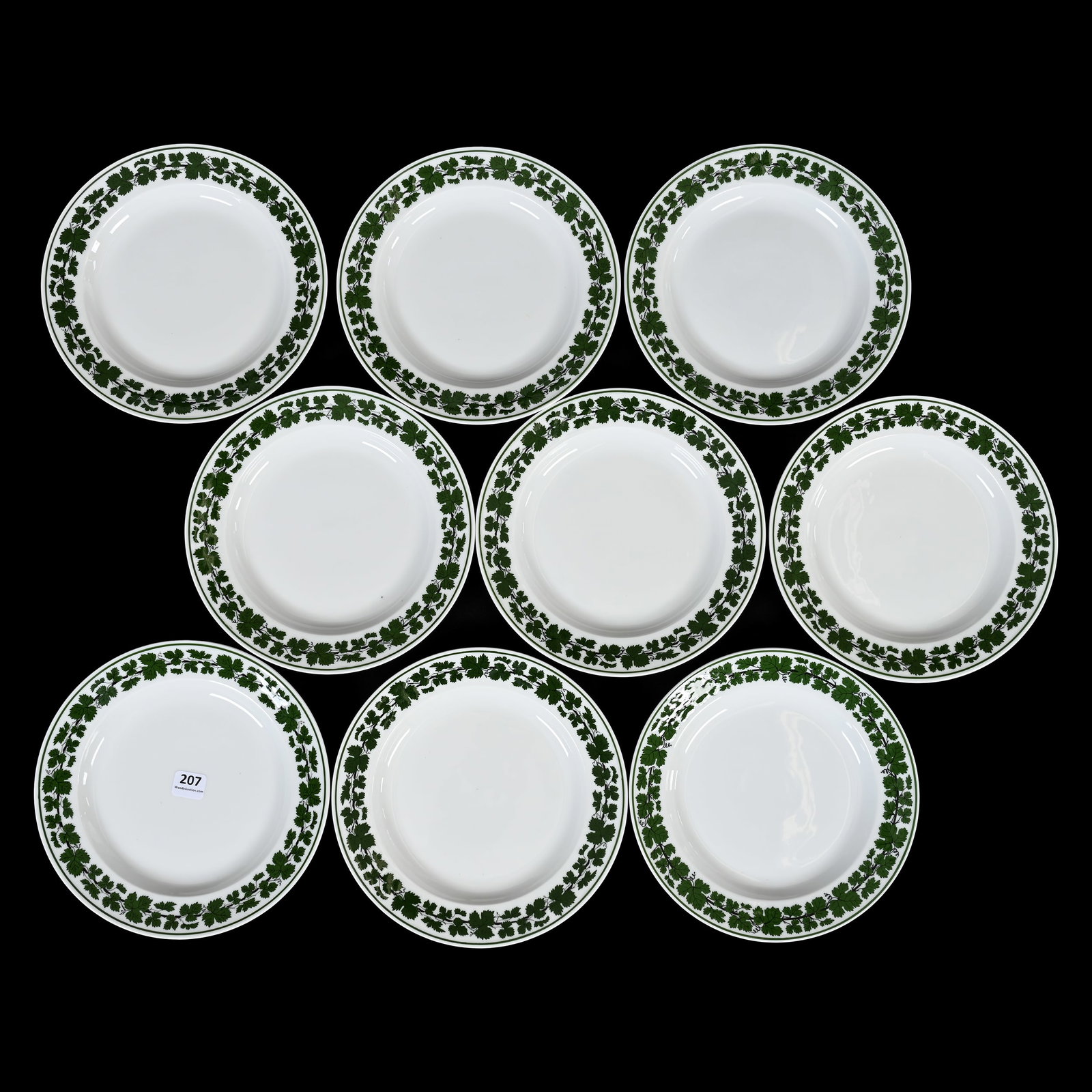 (9) Plates, Round, Meissen Blue Crossed Swords: (9) Plates, Round, Meissen Blue Crossed Swords, 8", Green Ivy Pattern, Circa 1930's, Denver, Colorado Private Collection.