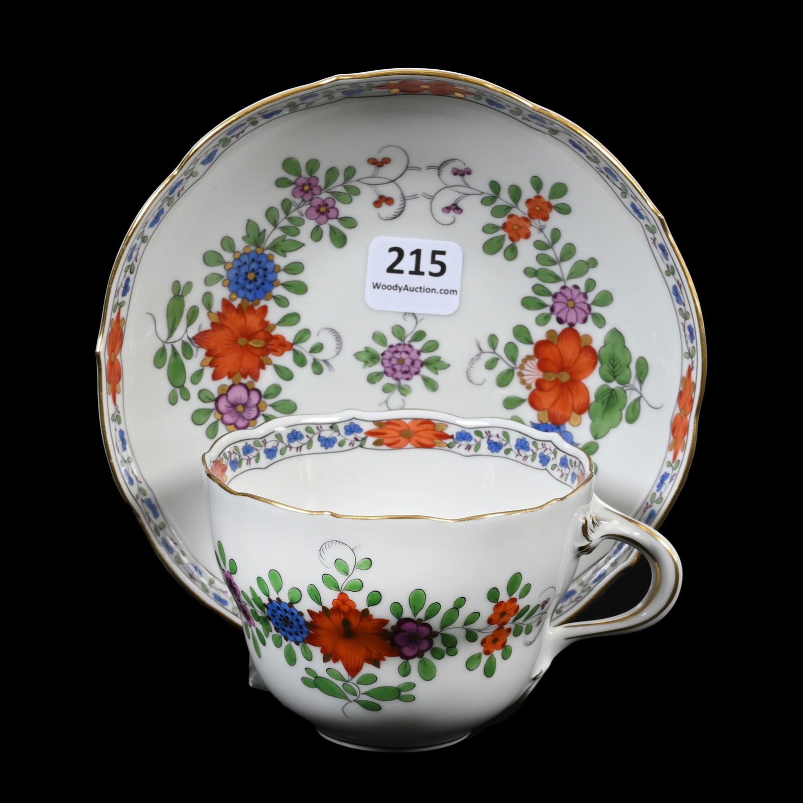 Cup & Saucer, Meissen Blue Crossed Swords Mark: Cup & Saucer, Meissen Blue Crossed Swords Mark, 3" x 5.5", White With Colorful Floral Decor, Denver, Colorado Private Collection.