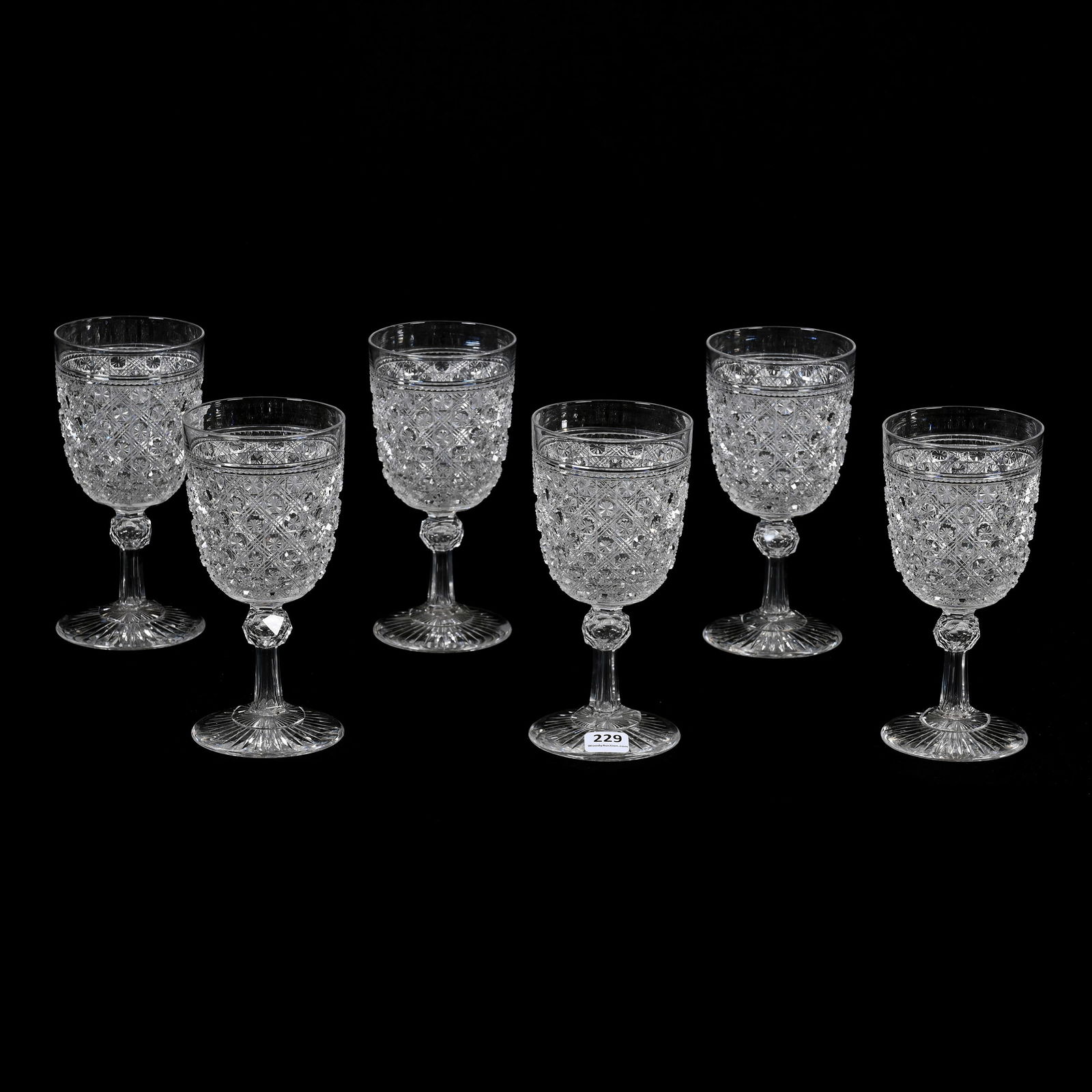 (6) Goblets, American Brilliant Cut Glass, Triple Miter & Star Button Pattern (1 of 3)