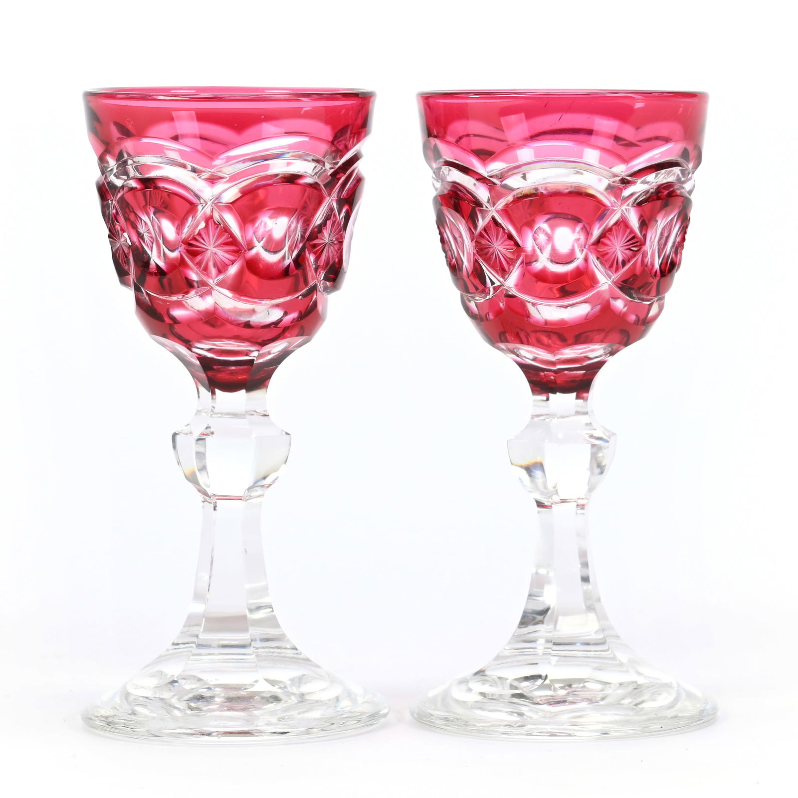 Pair Cordial Stems, Brilliant Period Cut Glass, Red Cut To Clear (1 of 3)