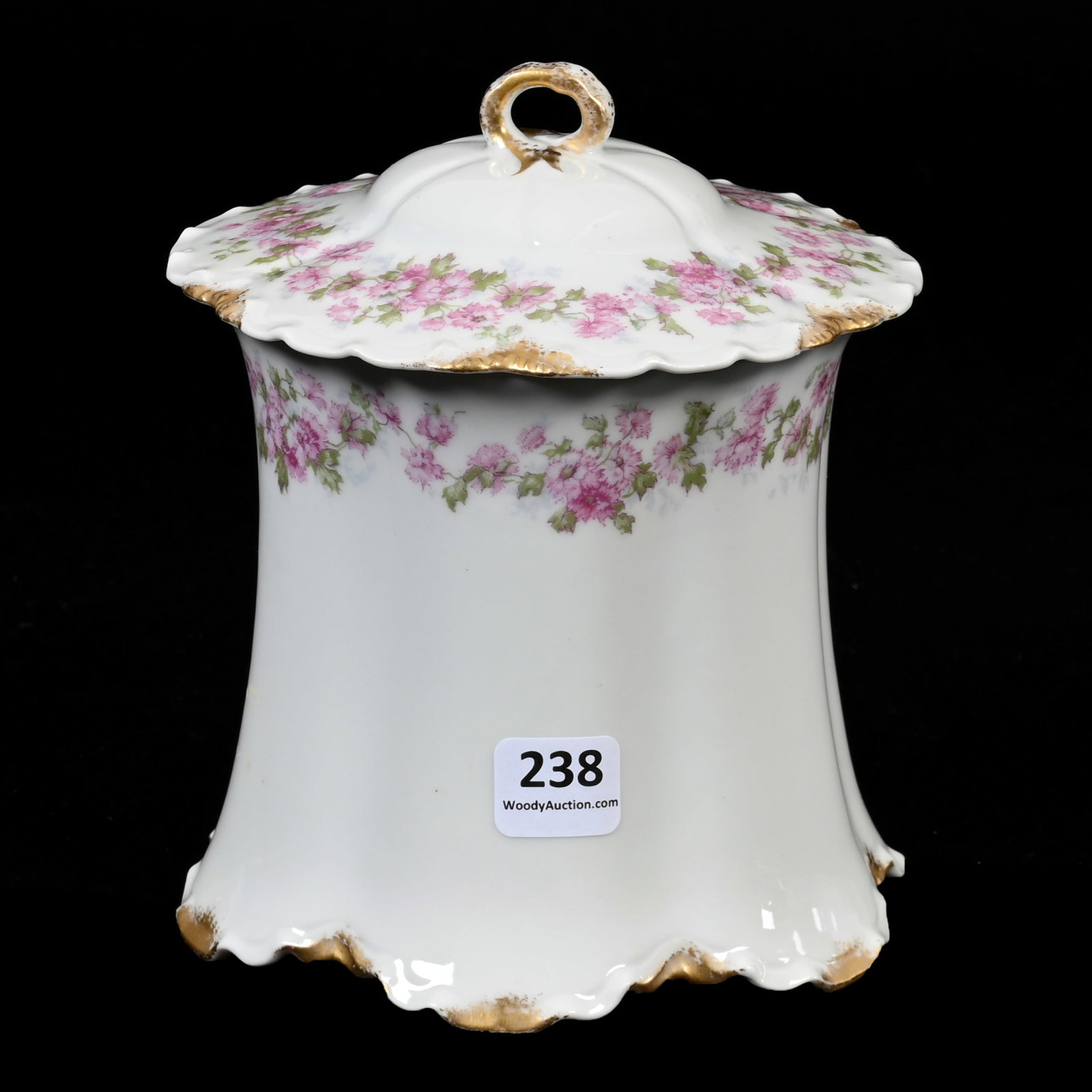 Biscuit Jar Marked Haviland & Co. Limoges: Biscuit Jar Marked Haviland & Co. Limoges, 6.25" x 5.5", Circa 1893-1930, White With Pink Floral And Green Leaf Decor, Gold Trim Highlights, Denver, Colorado Private Collection.