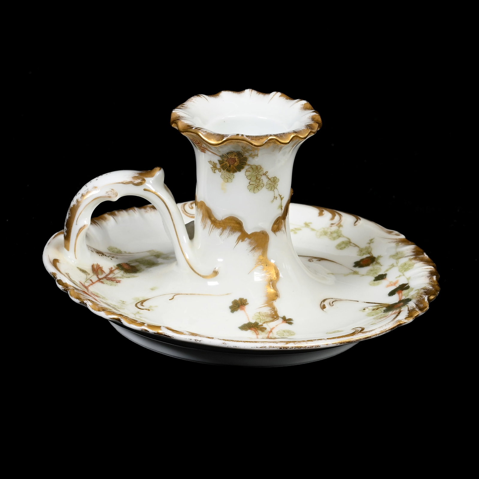 Chamberstick Marked Haviland & Co Limoges: Chamberstick Marked Haviland & Co Limoges, 3" x 5", Circa 1879-1930, Green Iridescent Floral With Gold Ruffled Highlights, Denver, Colorado Private Collection.
