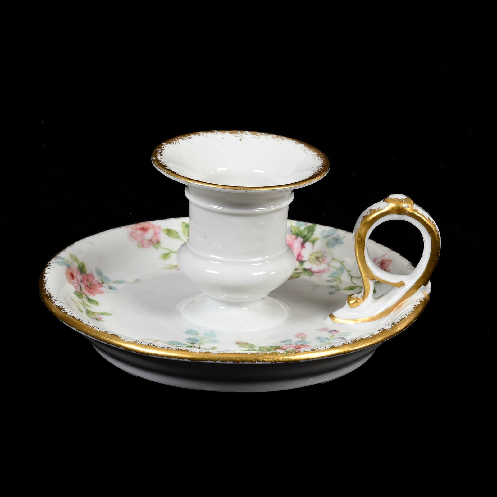 Chamberstick Marked C.F. Haviland: Chamberstick Marked C.F. Haviland, 2.5" x 4.75", Circa 1942, Pink Rose Decor, Gold Trim Highlights, Denver, Colorado Private Collection.