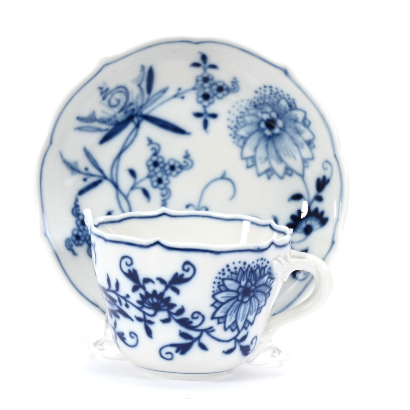 Demitasse Cup & Saucer, Meissen Blue Crossed Sword Mark: Demitasse Cup & Saucer, Meissen Blue Crossed Sword Mark, 2.25" x 4.25", Blue Onion Pattern, Denver, Colorado Private Collection.