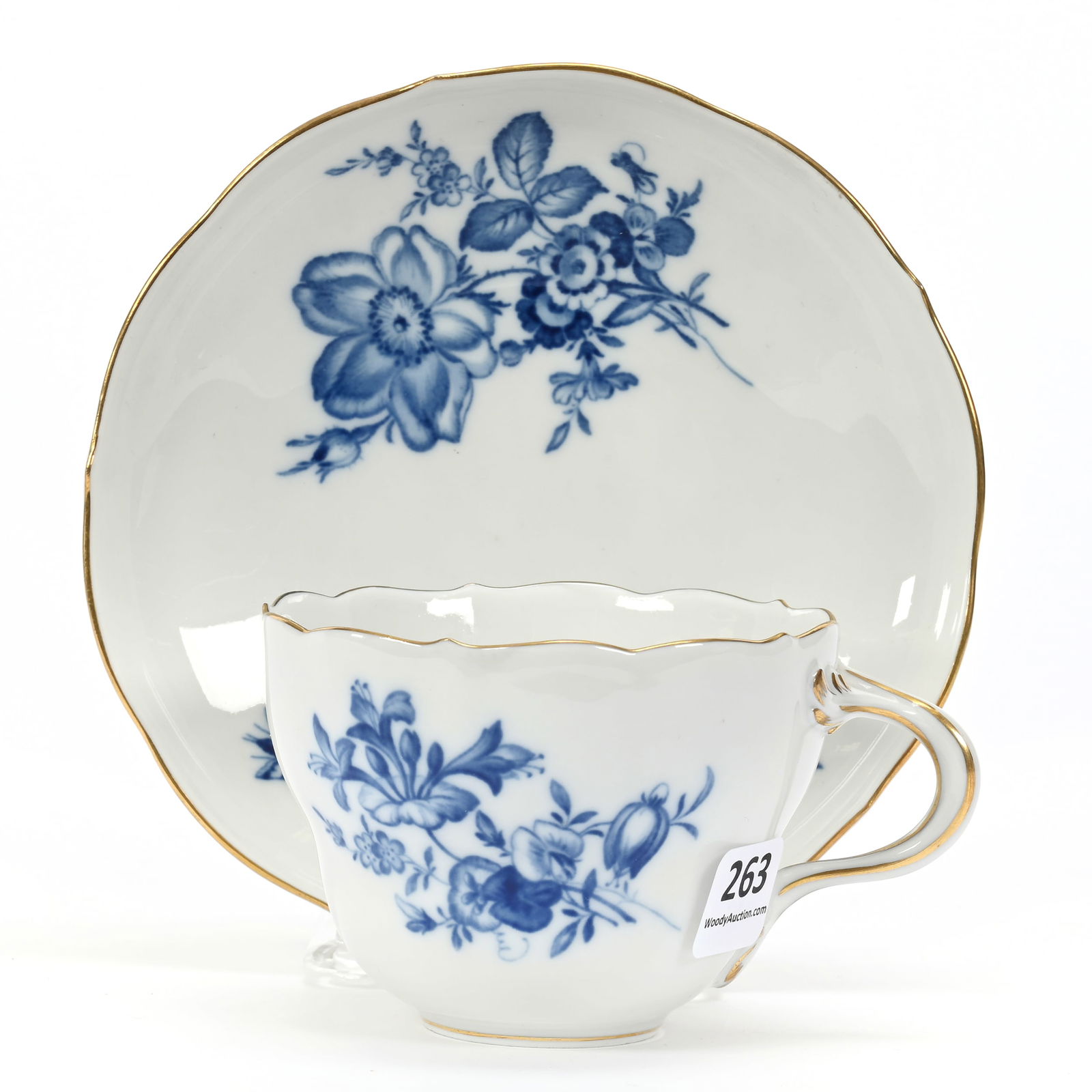 Cup & Saucer, Meissen Blue Crossed Swords Mark: Cup & Saucer, Meissen Blue Crossed Swords Mark, 2.75" x 5.5", White With Blue Floral And Insect Decor, Gold Trim Highlights, Two Slash Marks, Denver, Colorado Private Collection.