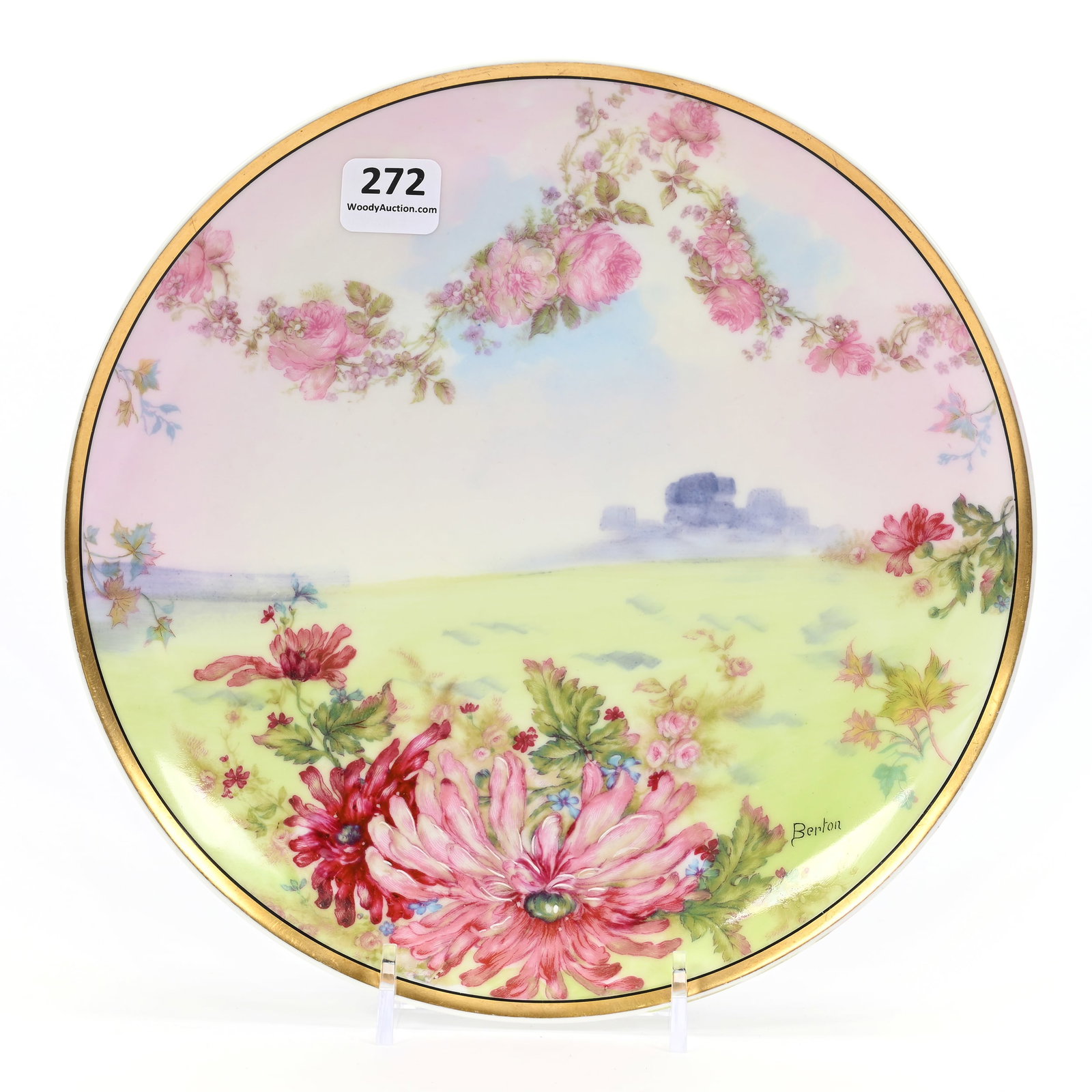 Plate, Haviland & Co Limoges: Plate, Haviland & Co Limoges, 8.5", Circa 1893-1930, Hand Painted Scenic Decor, Floral Garland Highlights, Artist Signed "Berton", Denver, Colorado Private Collection.