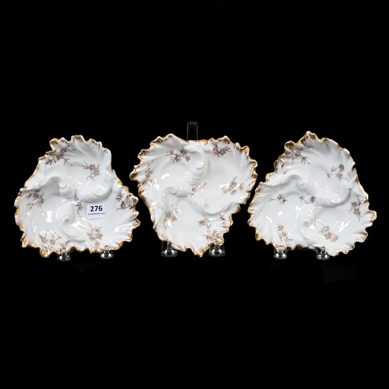 (3) Petite Oyster Plates, Ch Field Haviland: (3) Petite Oyster Plates, Ch Field Haviland, 6", Circa 1879-1882, "Made For W.W. Walker Dallas Texas", White With Blue And Brown Floral Decor, Gold Trim Highlights, Denver, Colorado Private Collection