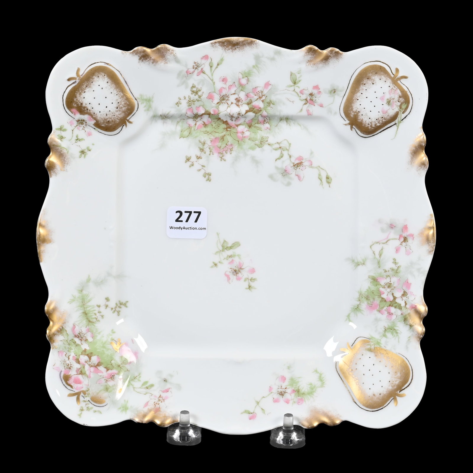 Square Plate, Theodore Haviland Limoges: Square Plate, Theodore Haviland Limoges, 8.5", Circa 1893+, White With Pink Floral Decor, Gold Highlights, Denver, Colorado Private Collection.