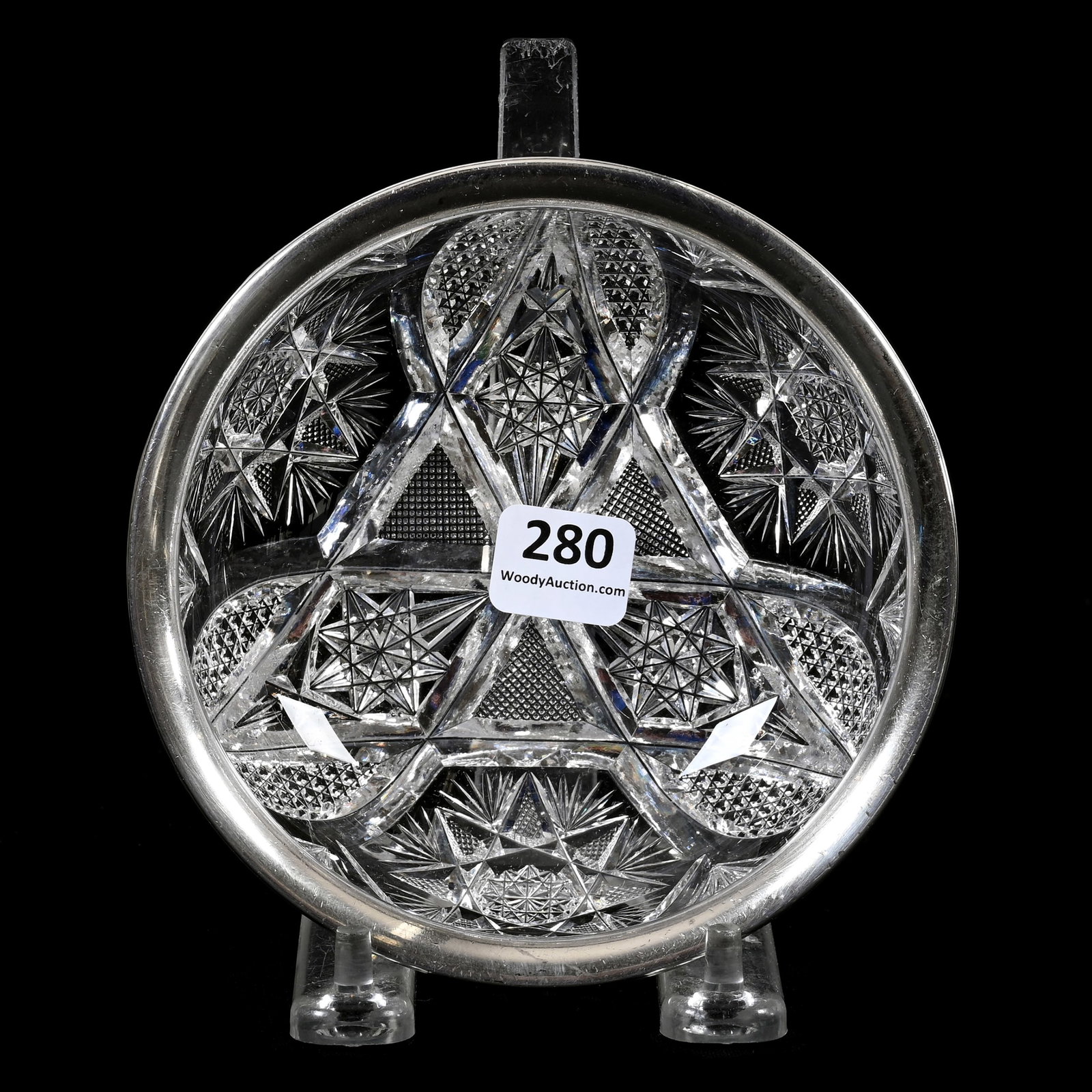 Bowl, American Brilliant Cut Glass, By Meriden: Bowl, American Brilliant Cut Glass, By Meriden, 2" x 5", Flashed Hobstar, Vesica, Nailhead Diamond, Strawberry Diamond And Fan Motif, Sterling Silver Rim Marked Wilcox, Denver, Colorado Private Collec