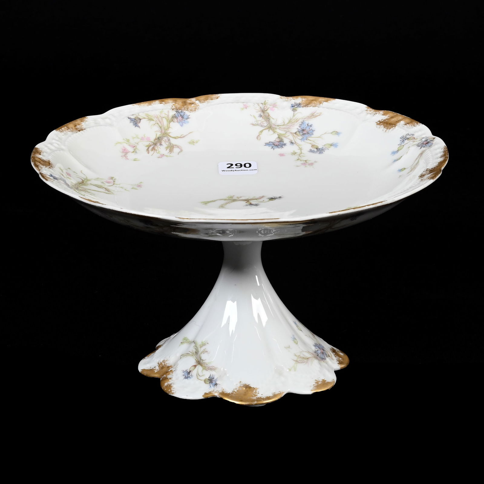 Cake Stand Marked Haviland Limoges: Cake Stand Marked Haviland Limoges, 5" x 9", Circa 1893-1930, "Made For Nicolaus Franz Frankfurt", White With Blue Floral Decor, Gold Trim Highlights, Denver, Colorado Private Collection.
