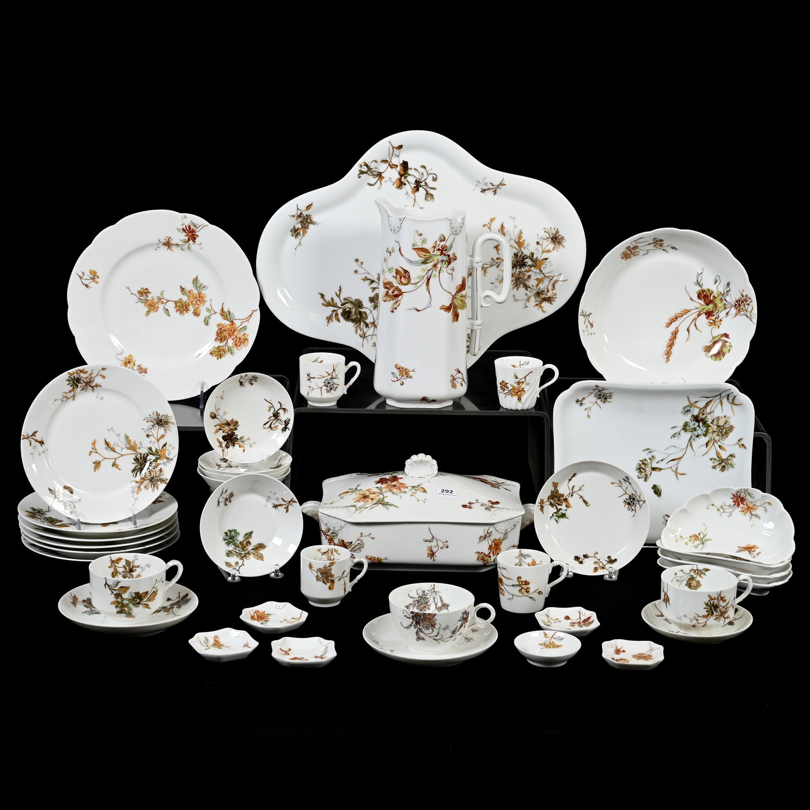 Dinner Set, (40) Pieces, Marked Haviland & Co Limoges: Dinner Set, (40) Pieces, Marked Haviland & Co Limoges, Blackberry Pattern, Set Includes (1) 16.5" x 12.5" Tray, (1) 9.25" x 7.75" Tray, (1) 4.75" x 11.5" x 7" Covered Casserole, (1) 10" Pitcher, Numer