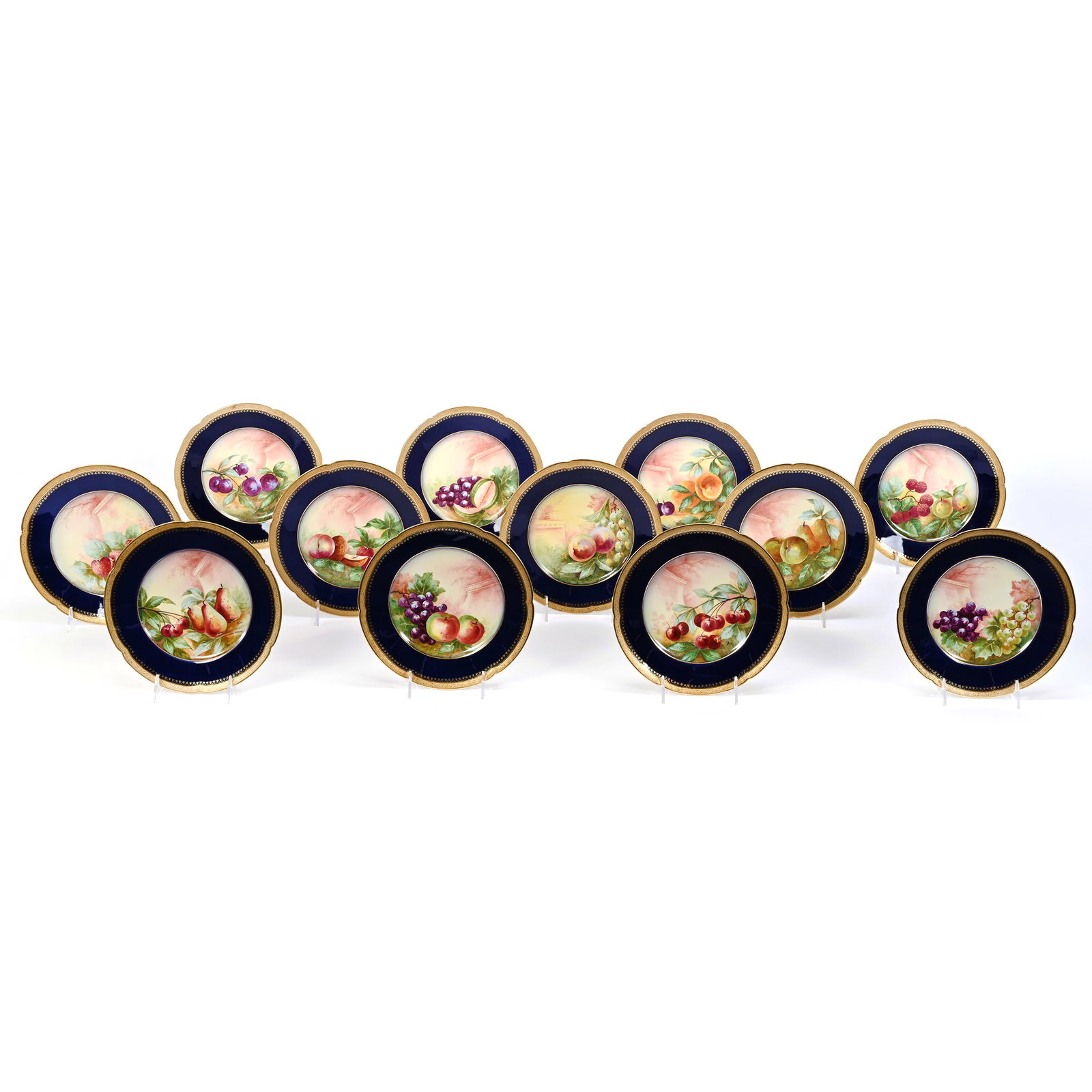 (12) Plates Marked Theodore Haviland: (12) Plates Marked Theodore Haviland, 9", Circa 1894+, Incredible Hand Painted Fruit Decor With Cobalt Blue And Brocade Gold Border, Artist Signed, Denver, Colorado Private Collection.