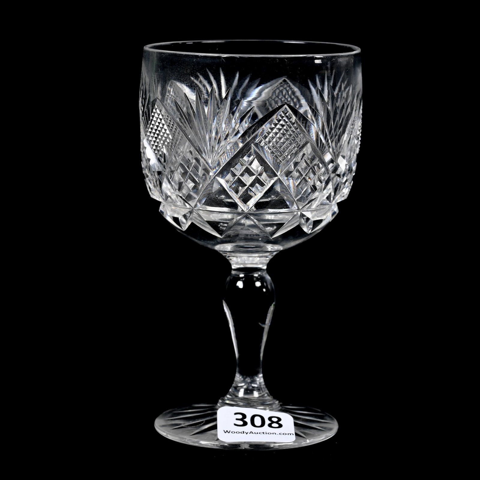 Wine Stem, American Brilliant Cut Glass, Signed Hawkes Brazilian Pattern: Wine Stem, American Brilliant Cut Glass, Signed Hawkes Brazilian Pattern, 4.5" x 2.5", Ray Cut Foot, Indiana Private Collection.