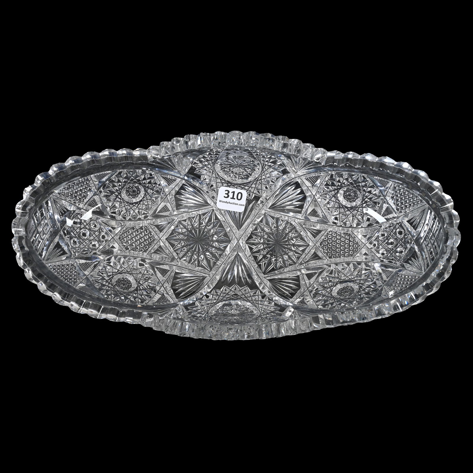 Celery Tray, American Brilliant Cut Glass: Celery Tray, American Brilliant Cut Glass, 12" x 5.5", Hobstar, Vesica, Cane, Nailhead Diamond, Strawberry Diamond And Fan Motif, One Tooth With Possible Polish, Indiana Private Collection.