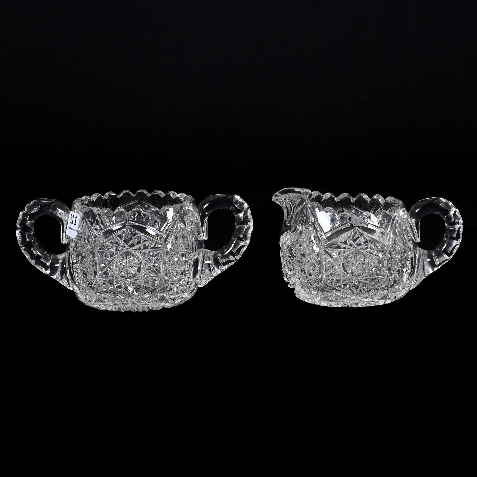 Creamer & Sugar Set, American Brilliant Cut Glass: Creamer & Sugar Set, American Brilliant Cut Glass, 3" x 6.75", Hobstar, Vesica, Russian And Fan Motif, Hobstar Base, Creamer Has Nick On Spout, Indiana Private Collection.