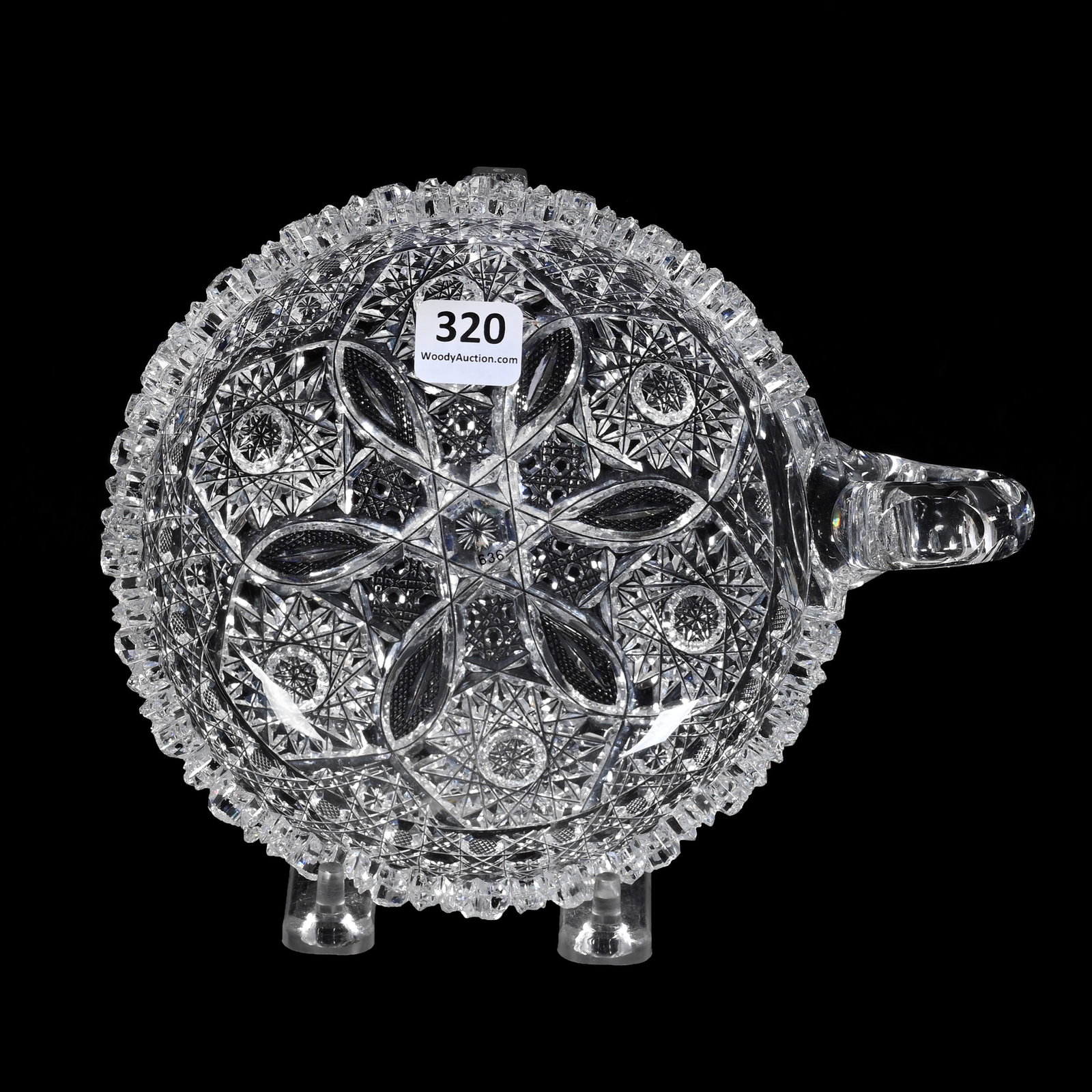 Handled Nappy, American Brilliant Cut Glass, Propeller Pattern: Handled Nappy, American Brilliant Cut Glass, Propeller Pattern, 2.25" x 7.5" x 6", Made For Marshall Field By Parsche, Tooth Chip, Indiana Private Collection.