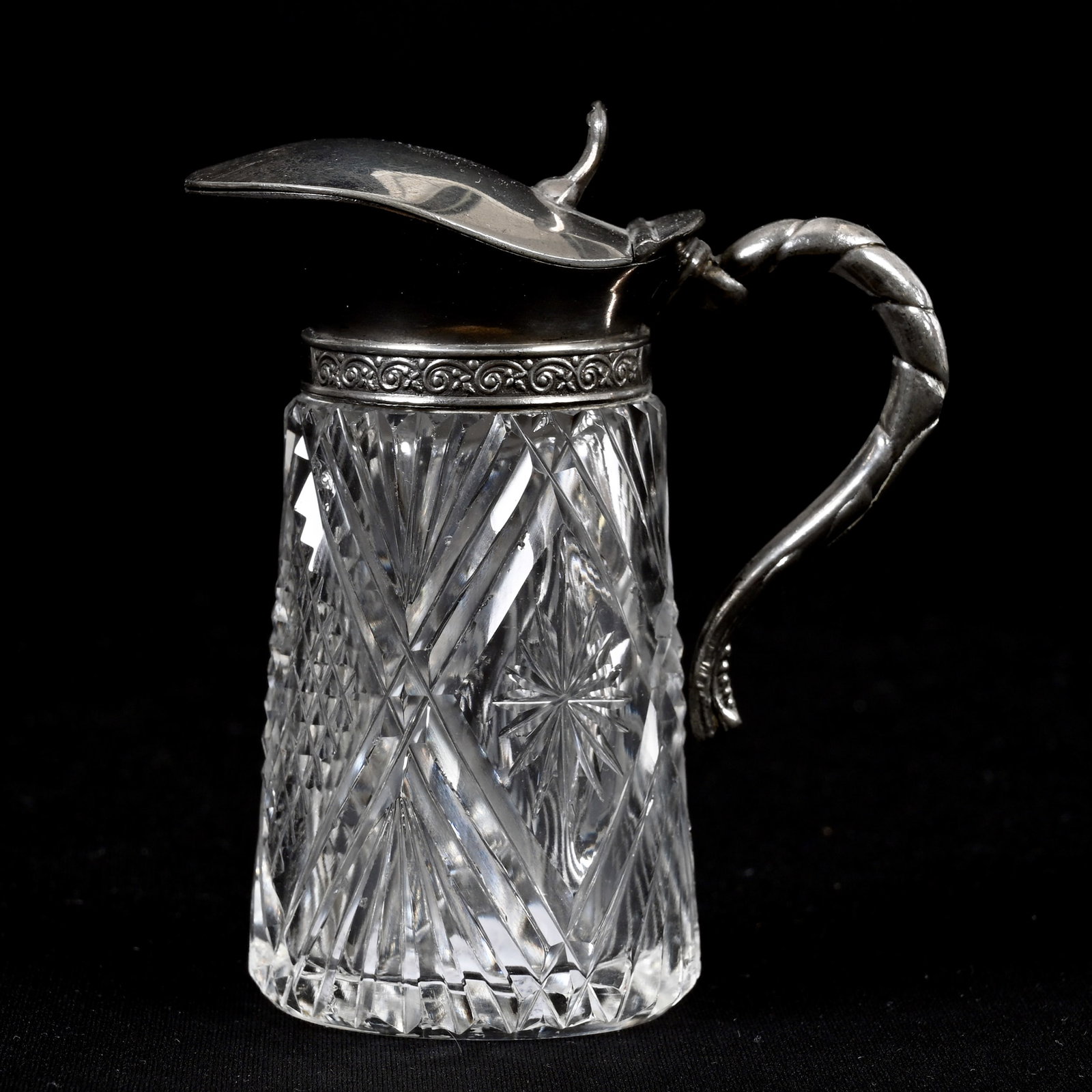 Syrup Pitcher, American Brilliant Cut Glass: Syrup Pitcher, American Brilliant Cut Glass, 4.25" x 3.75", Diamond, Star, Miter And Fan Motif, Silverplate Spout And Handle, Uncut Base, Indiana Private Collection.