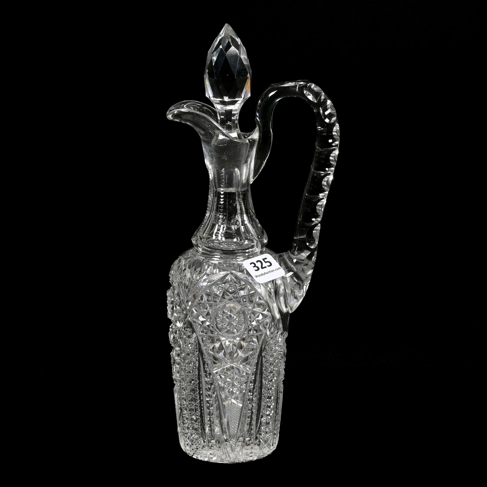 Cruet Bottle, American Brilliant Cut Glass: Cruet Bottle, American Brilliant Cut Glass, 10" x 4", Hobstar, Cane, Prism And Fan Motif, Double Notched Handle, Ray Cut Base, Indiana Private Collection.