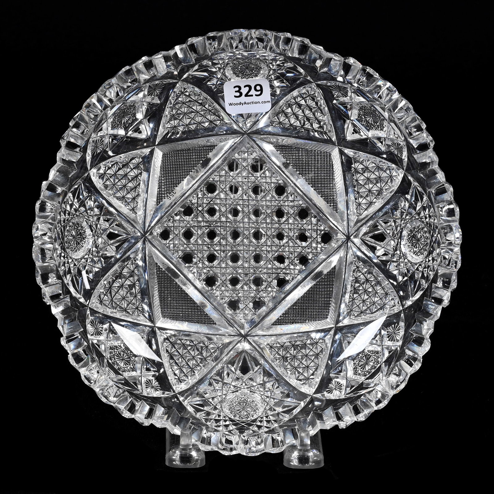 Bowl, American Brilliant Cut Glass: Bowl, American Brilliant Cut Glass, 2" x 8", Four Sections Of Hobstar, Cane, Strawberry Diamond And Vesica Motif, Rim Chips, Indiana Private Collection.