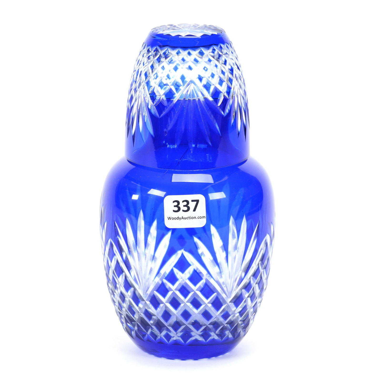 Tumble-Up, Cut Glass, Blue Cut To Clear: Tumble-Up, Cut Glass, Blue Cut To Clear, 7.25" x 4", Diamond And Fan Motif, Ray Cut Base, Indiana Private Collection.