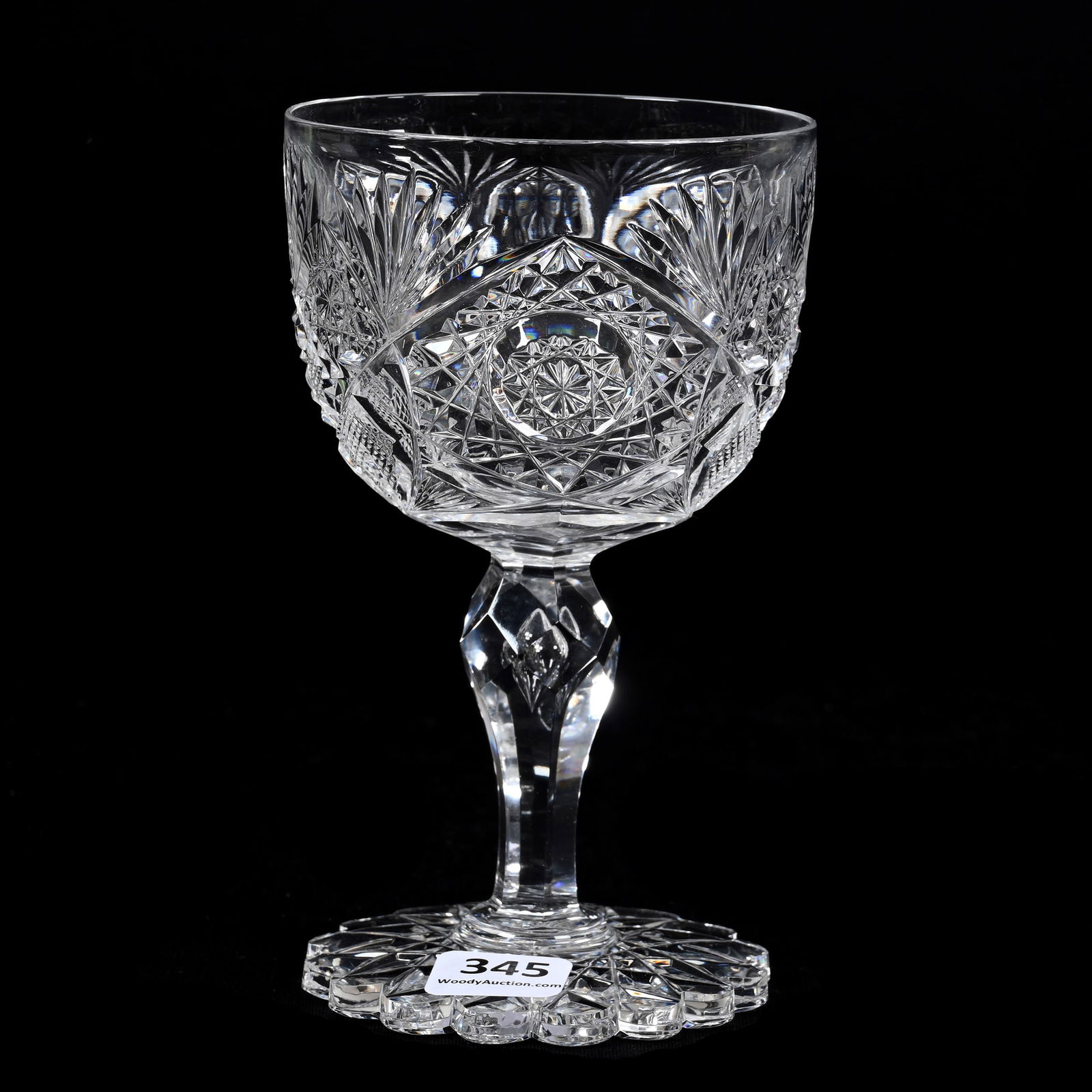 Goblet, American Brilliant Cut Glass, Monarch Pattern By J. Hoare: Goblet, American Brilliant Cut Glass, Monarch Pattern By J. Hoare, 5.75" x 3.25", Teardrop Stem, Hobstar Scalloped Foot, Indiana Private Collection.
