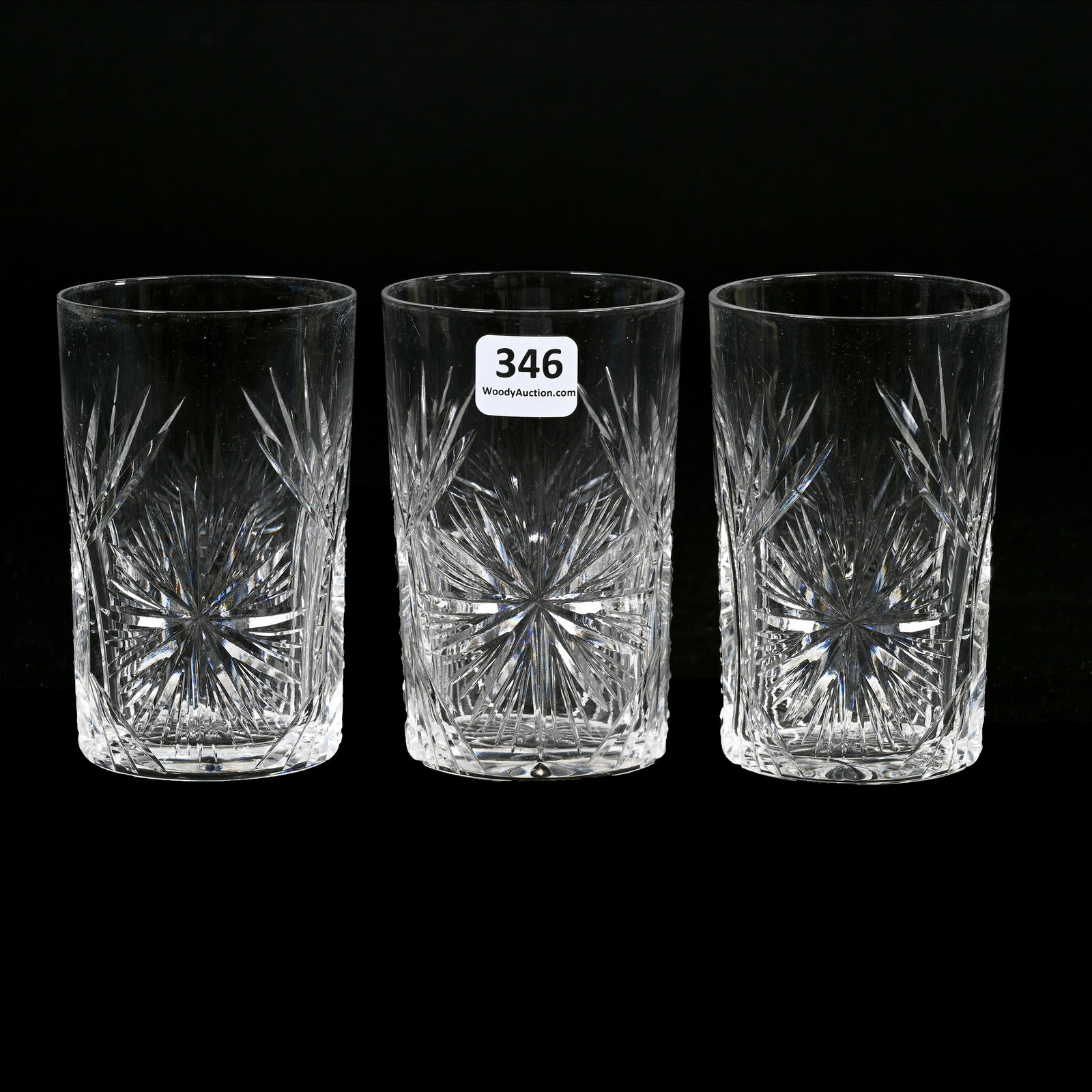 (3) Tumblers, Brilliant Period Cut Glass: (3) Tumblers, Brilliant Period Cut Glass, 4" x 2.5", Star, Prism And Fan Motif, Ray Cut Base, Indiana Private Collection.