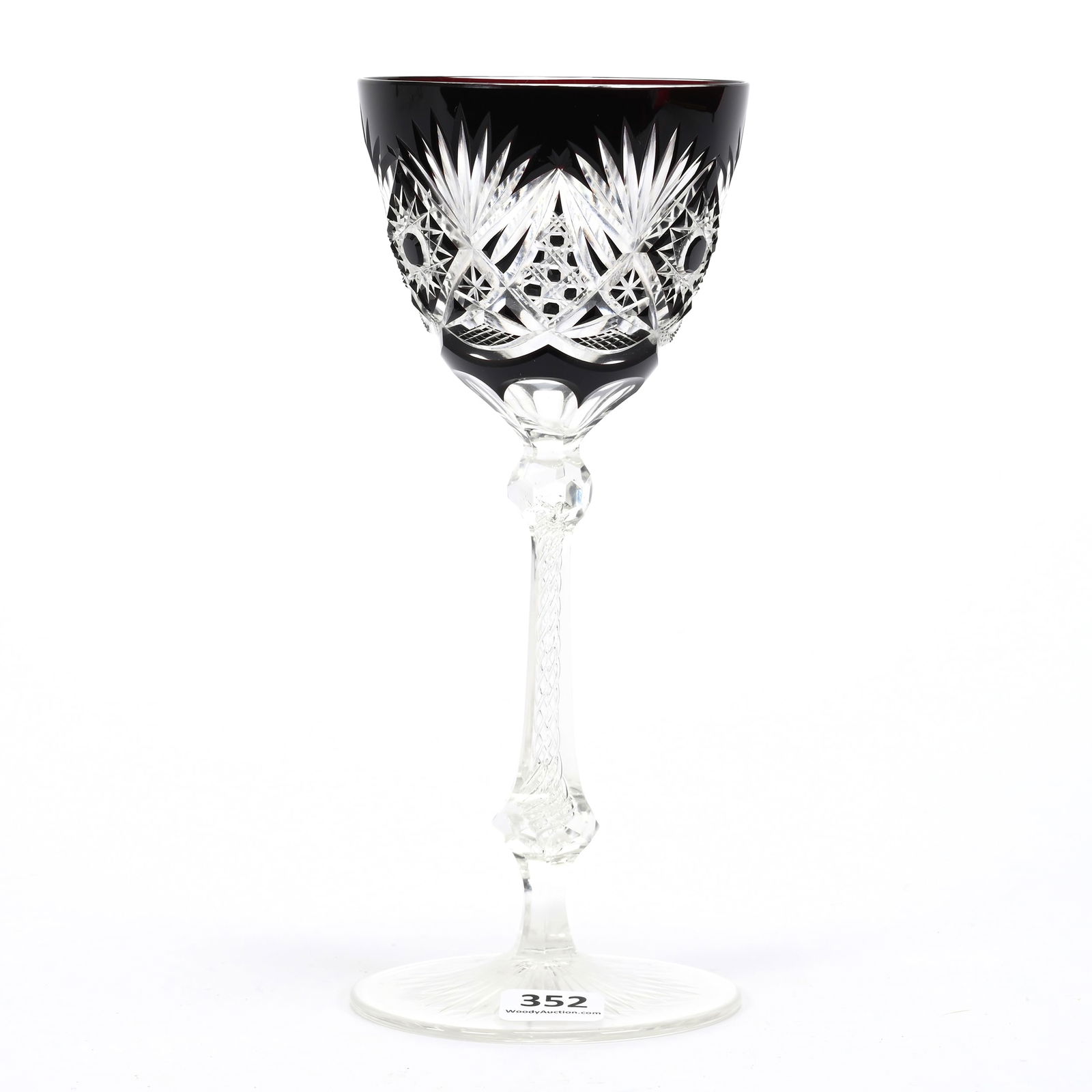 Wine Stem, Brilliant Period Cut Glass, Ruby Cut To Clear: Wine Stem, Brilliant Period Cut Glass, Ruby Cut To Clear, 7.75" x 3.25", Hobstar, Cane, Star And Fan Motif, Air Trap Stem, Ray Cut Foot, Indiana Private Collection.