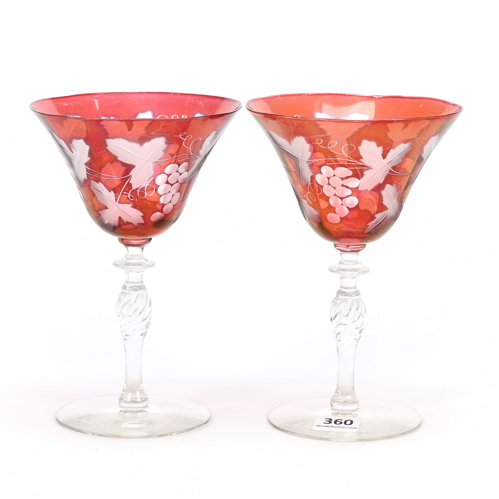 Pair Wine Stems, Ruby Flash Bowls, Clear Stems: Pair Wine Stems, Ruby Flash Bowls, Clear Stems, 6.25" x 4.25", Engraved Vintage Decor, Indiana Private Collection.