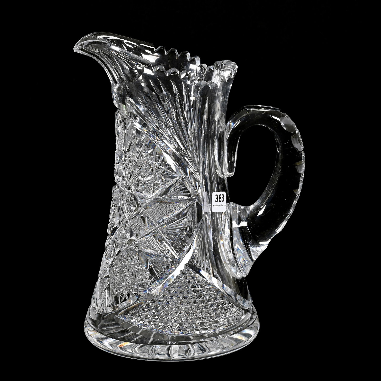 Pitcher, American Brilliant Cut Glass: Pitcher, American Brilliant Cut Glass, 10.75" x 7.75", Hobstar, Strawberry Diamond, Nailhead Diamond And Fan Motif, Double Notched Handle, Ray Cut Base, Heavy Blank, Outside Rim Nick. The Seller Of Th
