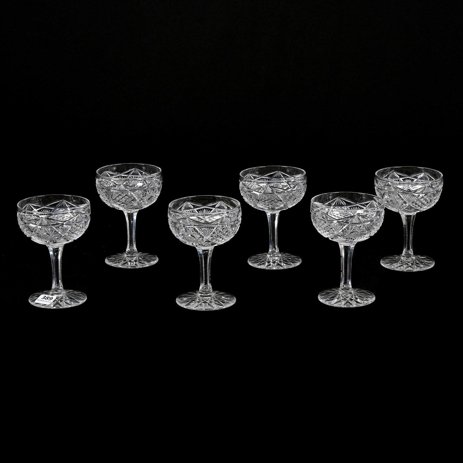 (6) Wine Stems, American Brilliant Cut Glass: (6) Wine Stems, American Brilliant Cut Glass, 4.75" x 3.25", Hobstar, Crosscut Diamond And Fan Motif, Solid Notched Stem, Hobstar Foot. The Seller Of This Item Has Elected To Donate All Proceeds To Tw