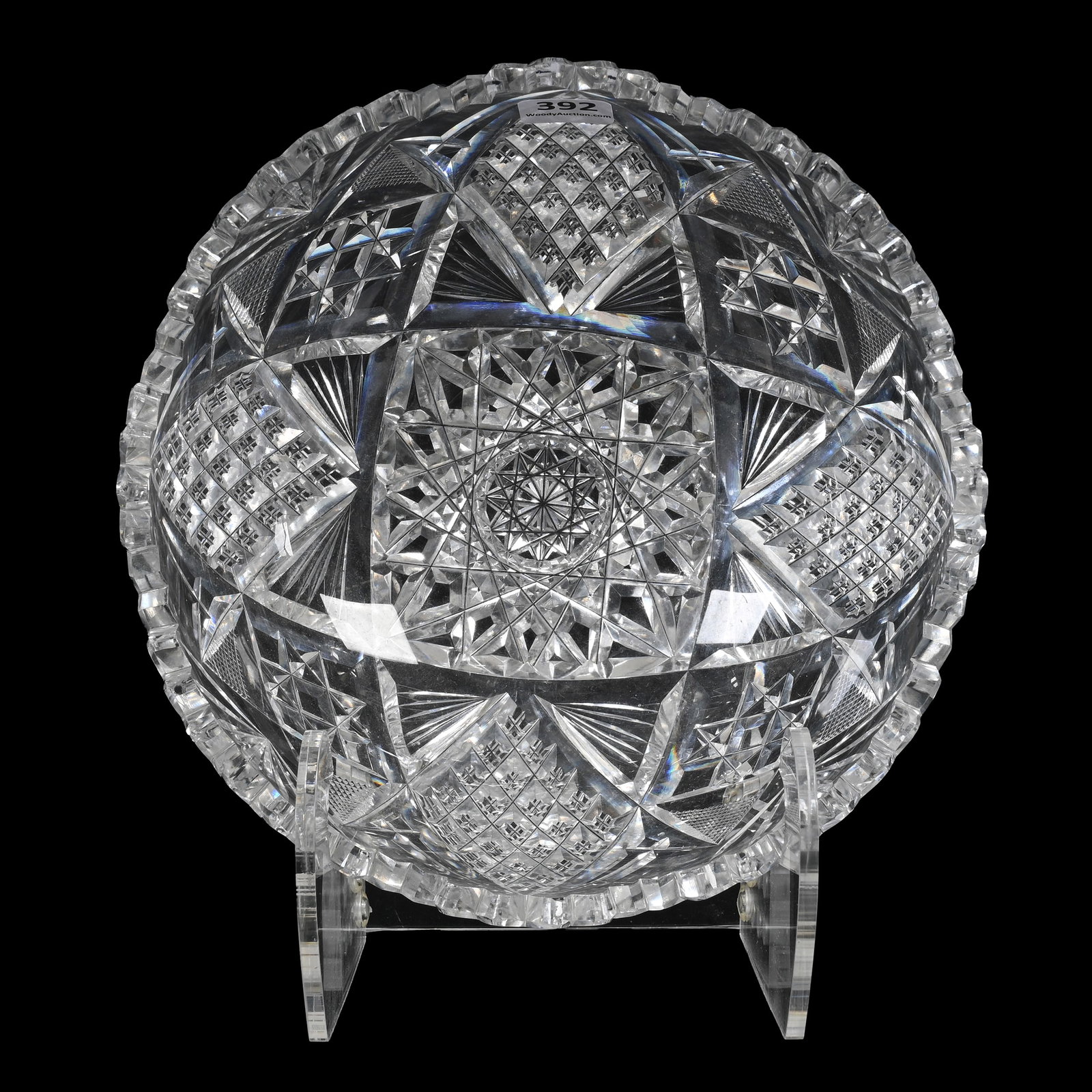 Bowl, American Brilliant Cut Glass: Bowl, American Brilliant Cut Glass, 3.75" x 8", Hobstar Center, Crosscut Diamond, Strawberry Diamond, Diamond And Fan Motif, Tooth Chip. The Seller Of This Item Has Elected To Donate All Proceeds To T