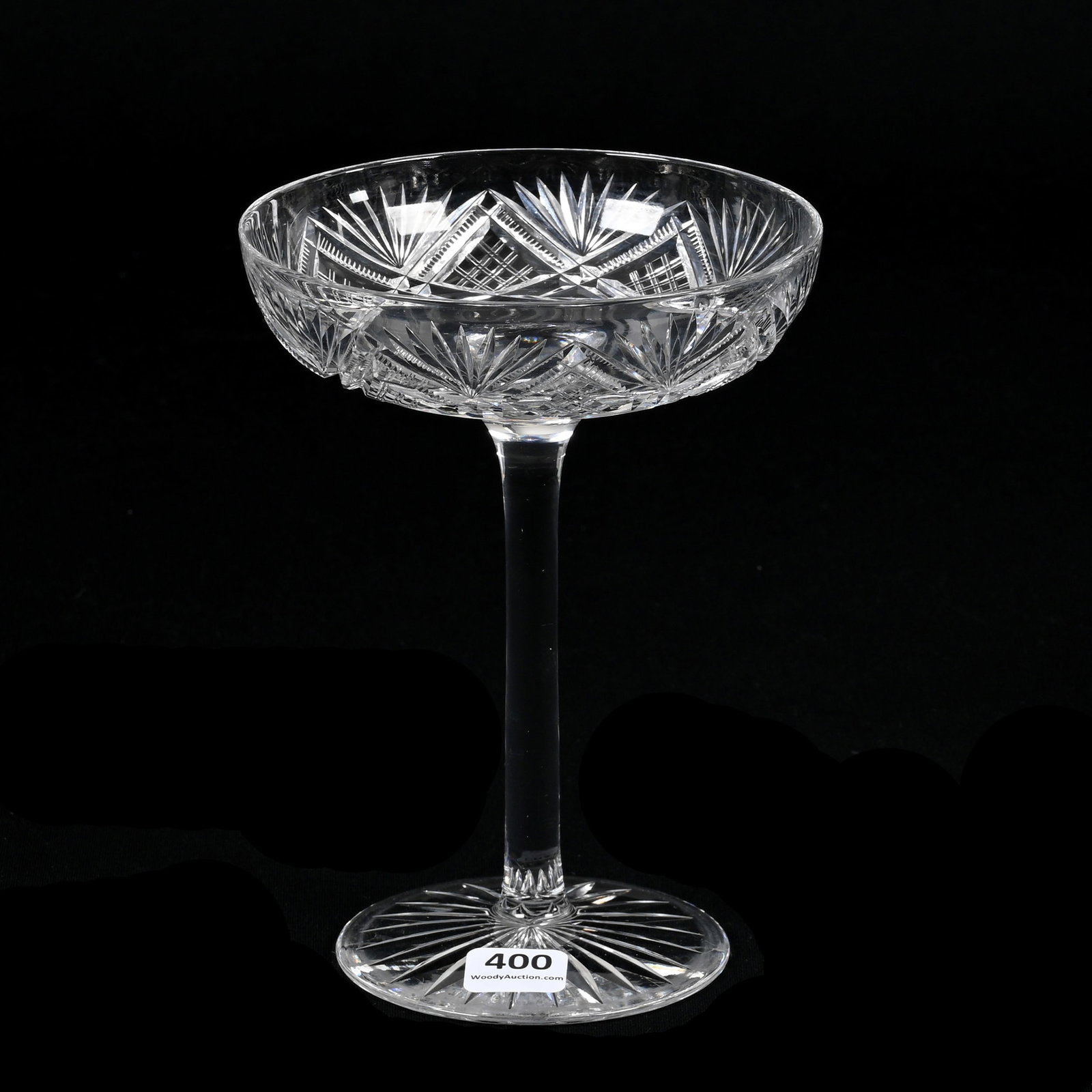Toasting Champagne Stem, American Brilliant Cut Glass: Toasting Champagne Stem, American Brilliant Cut Glass, 6.5" x 5", Crosscut Diamond, Zipper And Fan Motif, Ray Cut Foot. The Seller Of This Item Has Elected To Donate All Proceeds To Two Animal Shelter