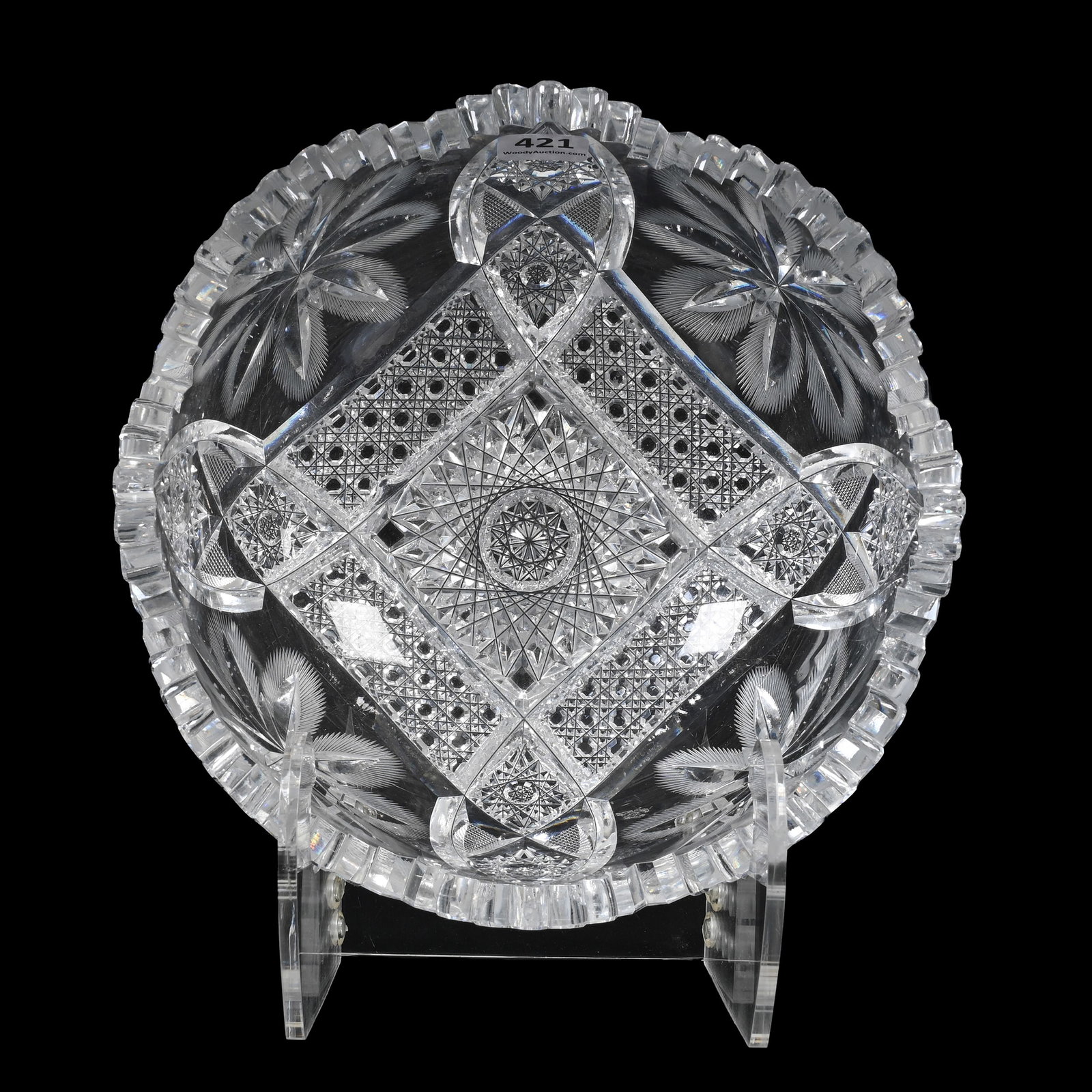 Bowl, American Brilliant Cut Glass: Bowl, American Brilliant Cut Glass, 4" x 8", Four Sections Of Flashed Star With Vesica, Hobstar, Cane And Strawberry Diamond Highlights, Quality Blank. The Seller Of This Item Has Elected To Donate Al