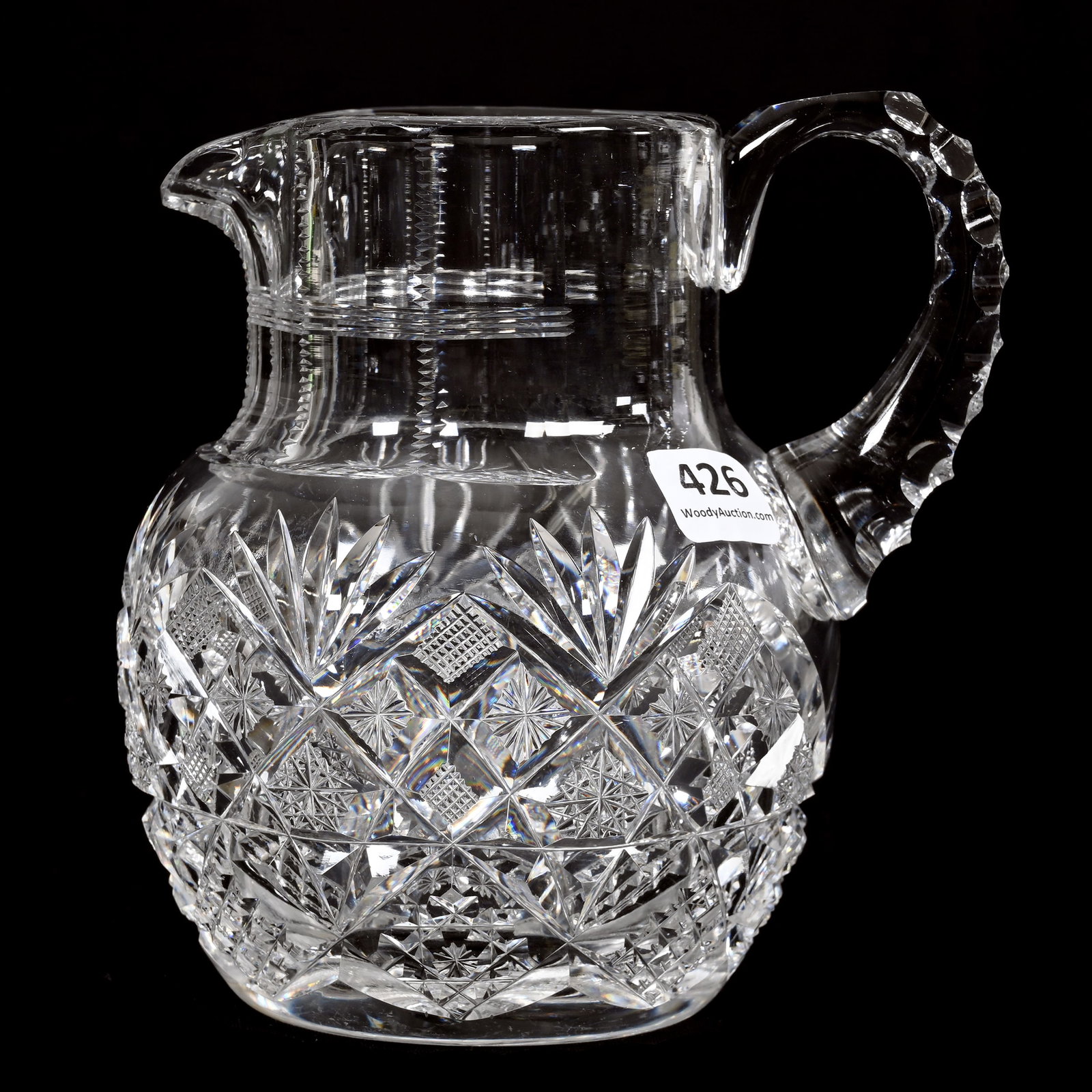 Milk Jug, American Brilliant Cut Glass: Milk Jug, American Brilliant Cut Glass, 5.75" x 5.25", Hobstar, Crosscut Diamond, Strawberry Diamond, Star And Fan Motif, Triple Notched Handle, Ray Cut Base. The Seller Of This Item Has Elected To Do
