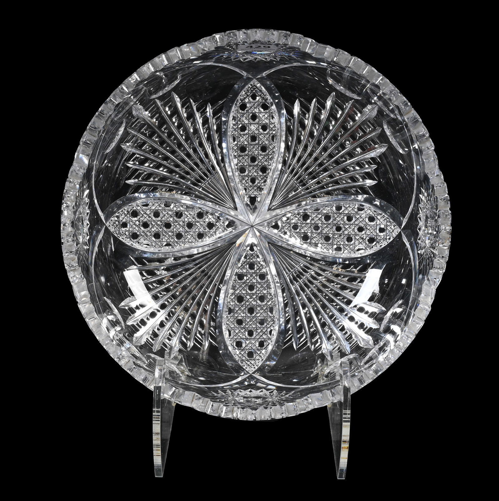 Bowl, American Brilliant Cut Glass: Bowl, American Brilliant Cut Glass, 3.5" x 9", Four Sections Of Hobstar, Vesica, Cane, Prism And Bullseye Motif, Clear Blank, Rim Nick. The Seller Of This Item Has Elected To Donate All Proceeds To Tw