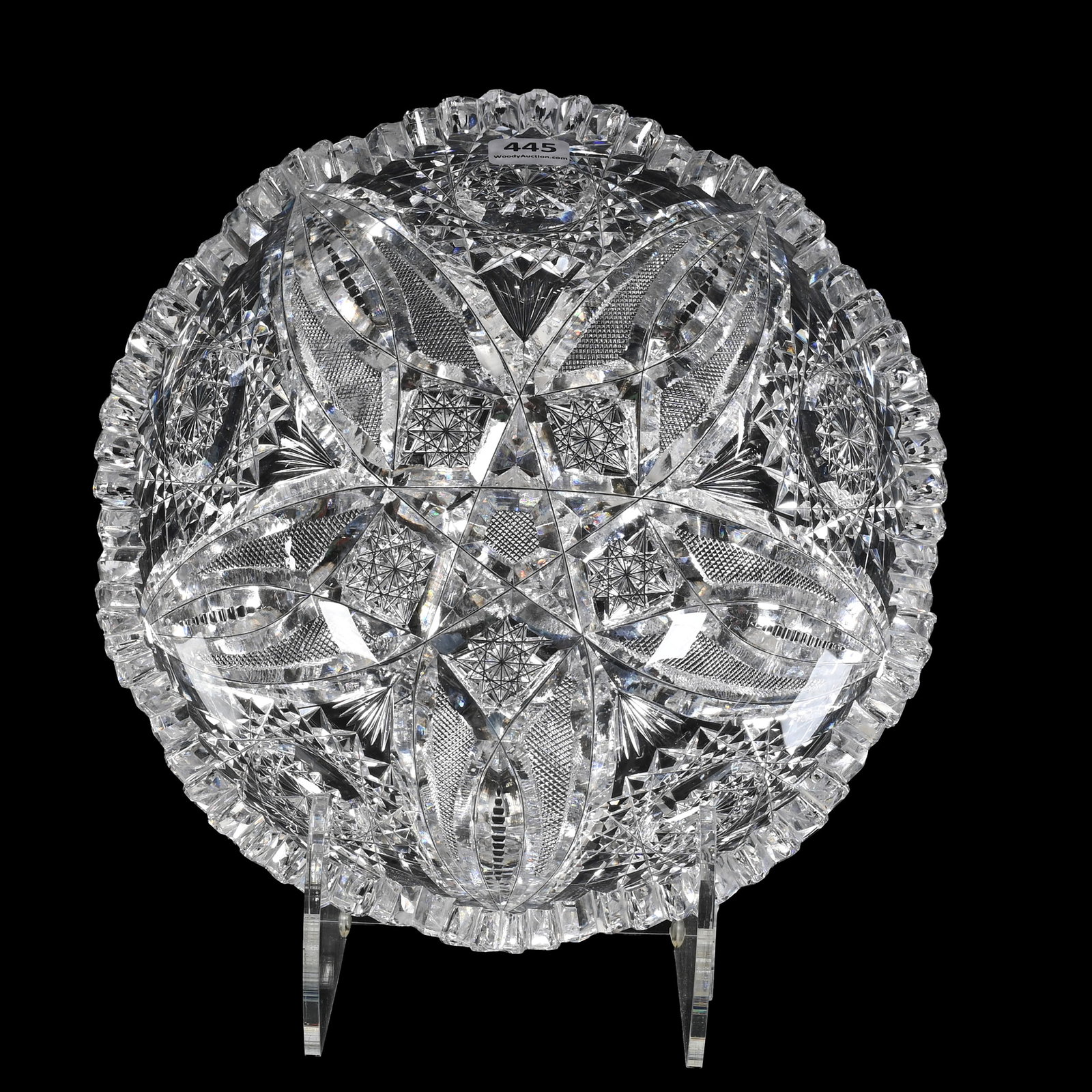 Bowl, American Brilliant Cut Glass: Bowl, American Brilliant Cut Glass, 4" x 9.25", Five Sections Of Hobstar, Vesica, Strawberry Diamond, Prism And Fan Motif, Two Tooth Chips. The Seller Of This Item Has Elected To Donate All Proceeds T