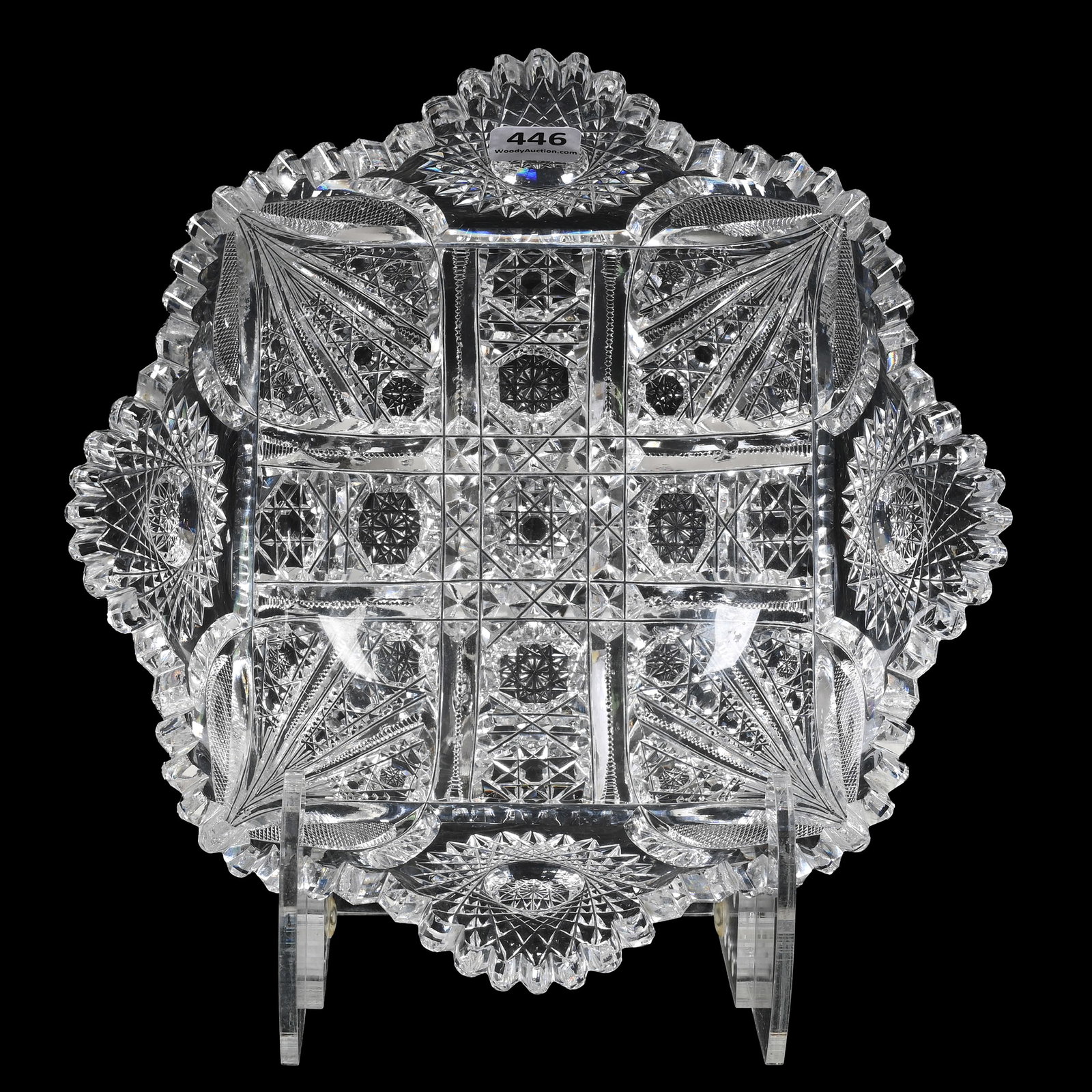 Bowl, American Brilliant Cut Glass: Bowl, American Brilliant Cut Glass, 3.25" x 9", Four Sections Of Hobstar, Vesica, Cane, Strawberry Diamond And Prism Motif, Some Pattern Chips. The Seller Of This Item Has Elected To Donate All Procee