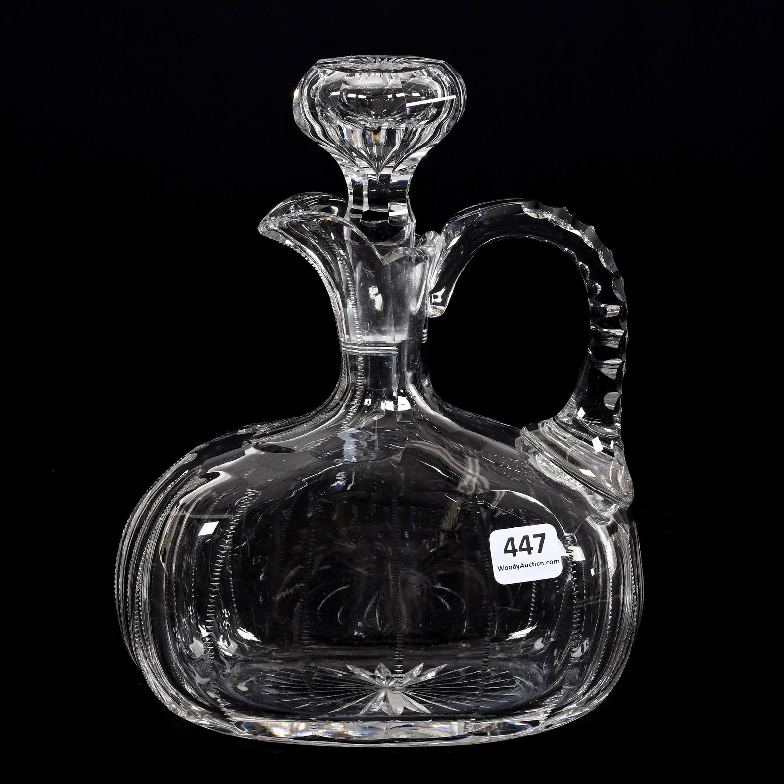 Ovoid Decanter, American Brilliant Cut Glass, Flute Pattern Signed J. Hoare: Ovoid Decanter, American Brilliant Cut Glass, Flute Pattern Signed J. Hoare, 8.5" x 7", Triple Notched Handle, Ray Cut Base, Replacement Stopper. The Seller Of This Item Has Elected To Donate All Proc