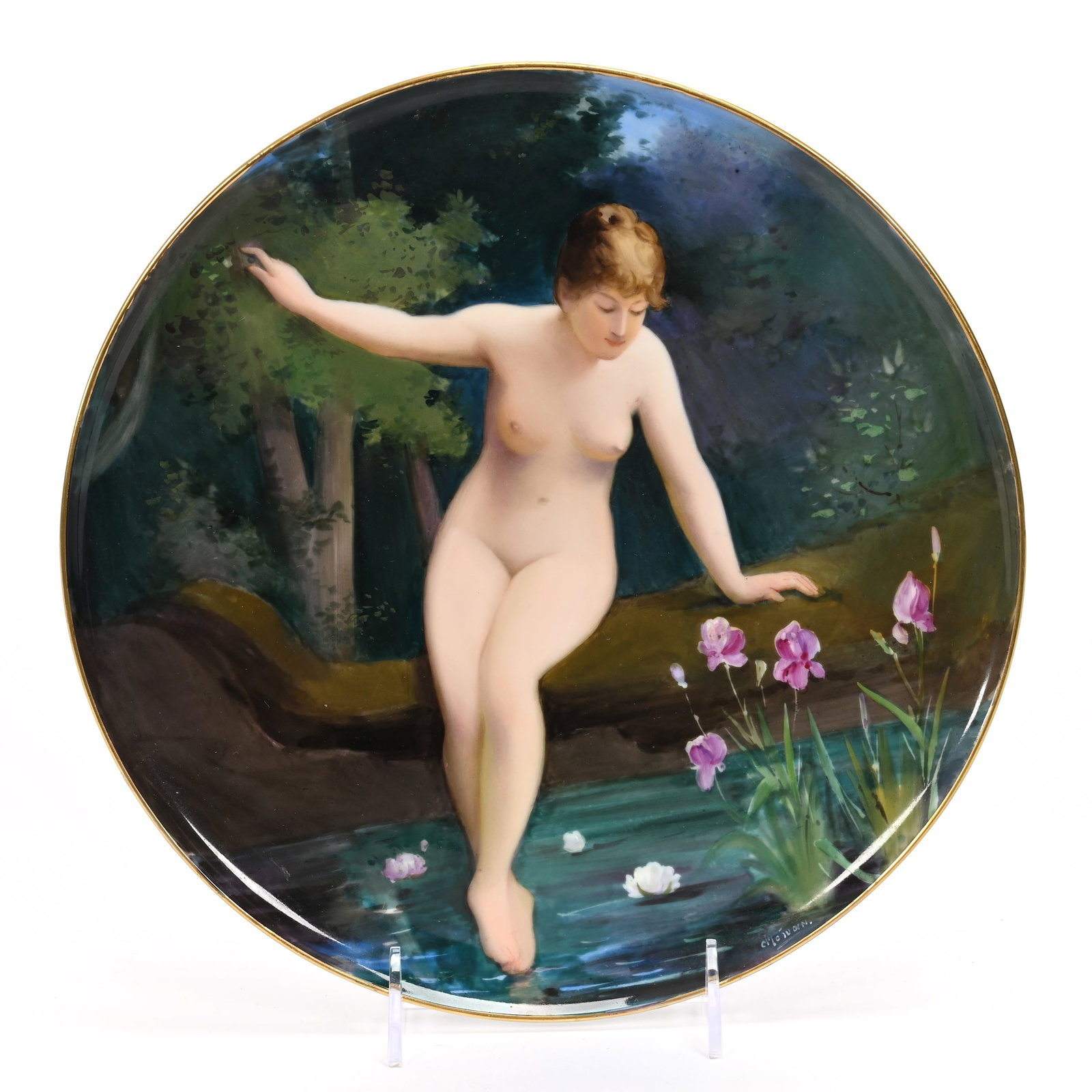 Round Plaque Marked Austria: Round Plaque Marked Austria, 11", Hand Painted Scene Of Nude On Log, Artist Signed, Illinois Private Collection. UPDATED 12-27-23: Corrected Item Type to Plaque.