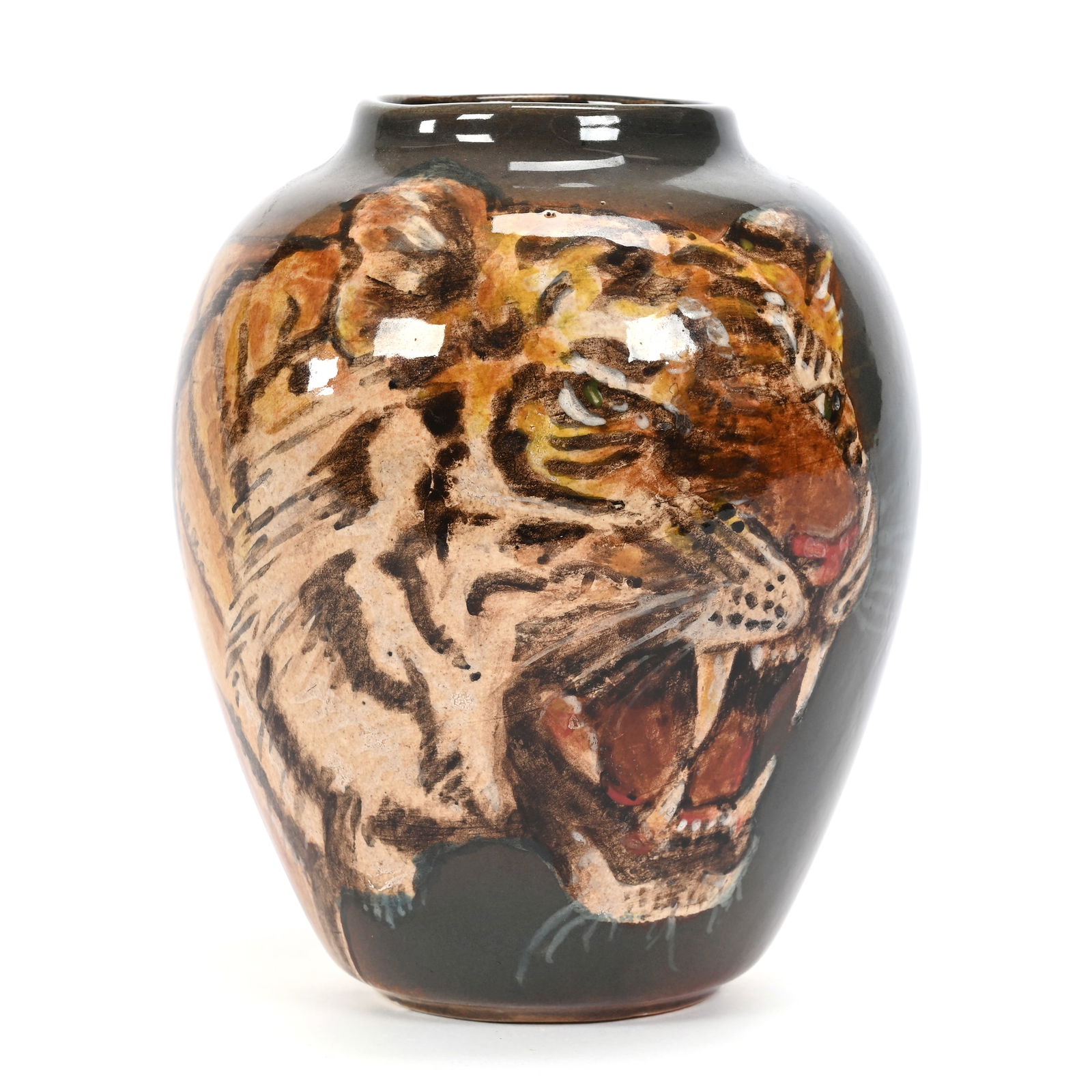 Vase, Unmarked Pottery, Tiger Decor (1 of 3)