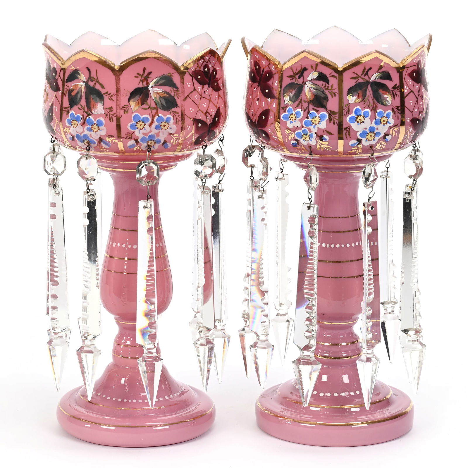 Pair Candle Lusters, Pink Cased Art Glass (1 of 6)