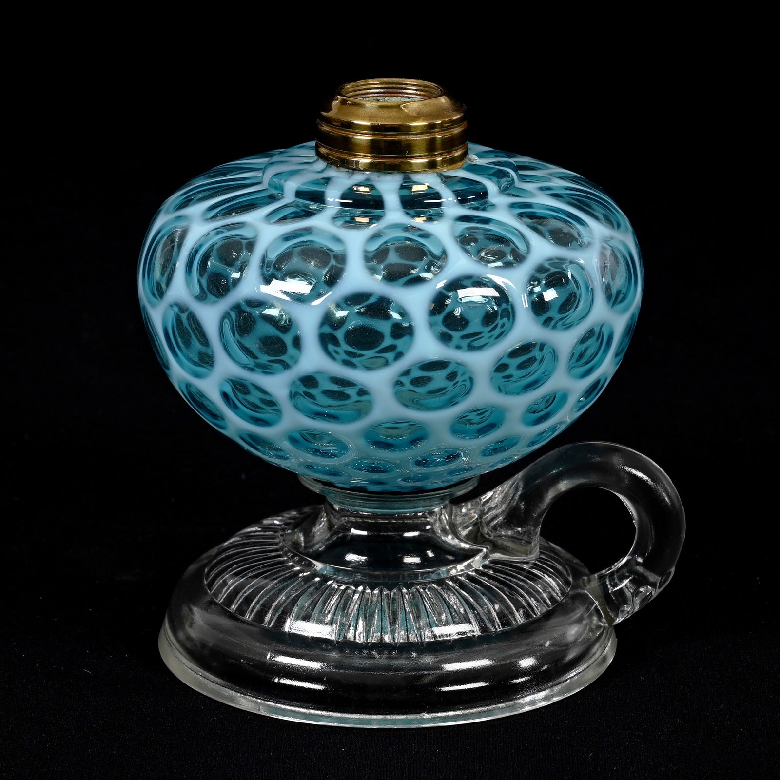 Finger Lamp Base, Blue Opalescent Honeycomb Font (1 of 3)