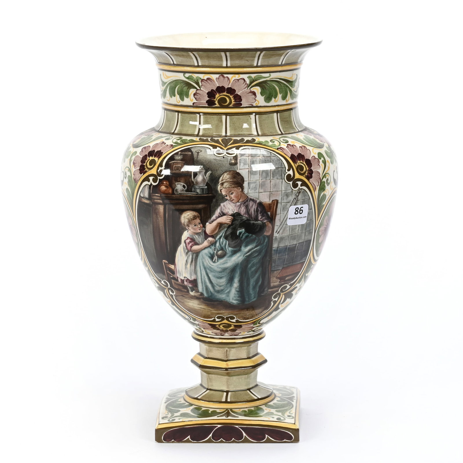 Pedestal Vase, Unmarked Royal Bonn Style: Pedestal Vase, Unmarked Royal Bonn Style, 13.75" x 7.25", Cream, Green, Brown And Yellow Tones, Scene Of Mother And Child Mending Clothes, Artist Signed, Virginia Private Collection.
